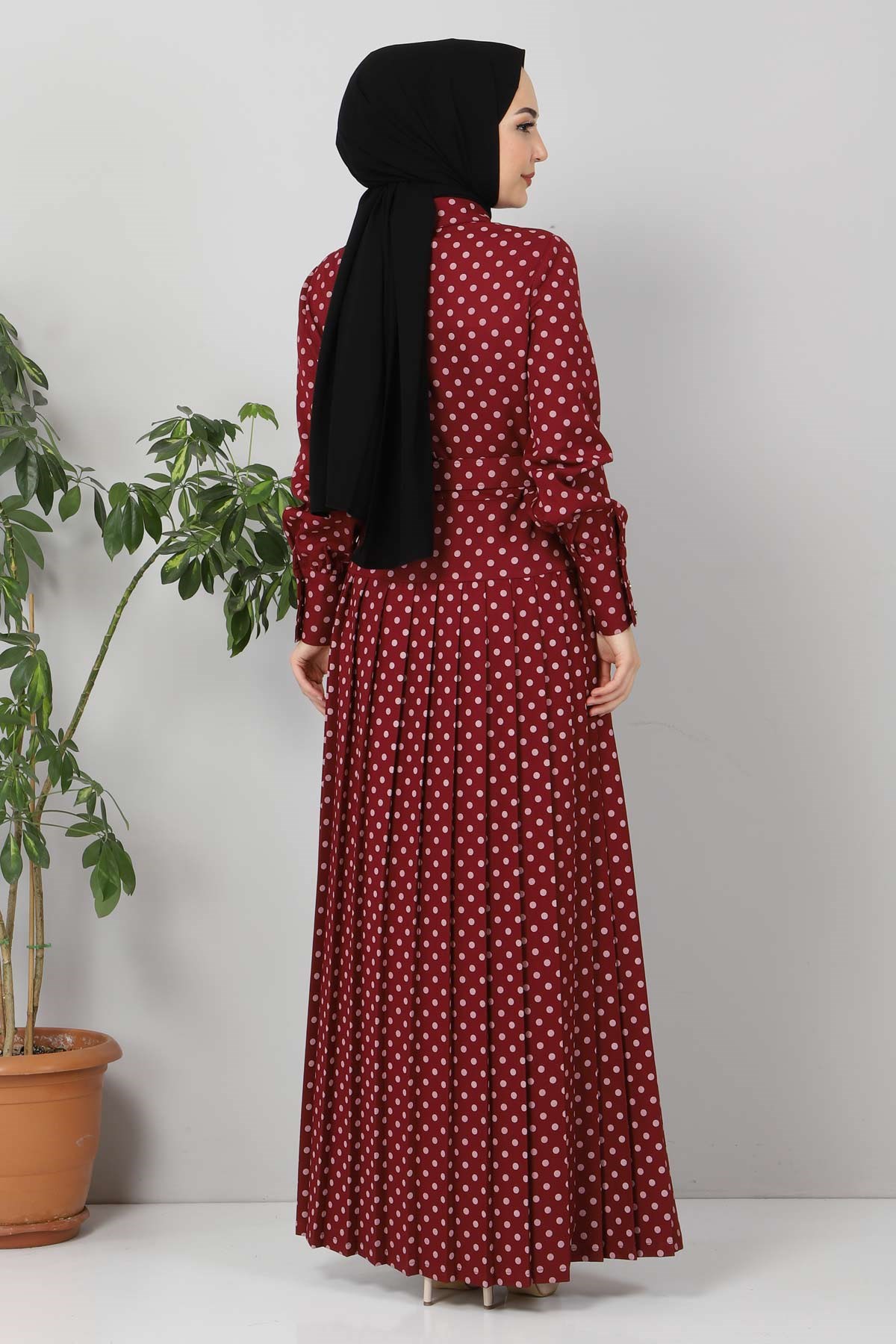 Puantiyeli Pileli Elbise Bordo 10014