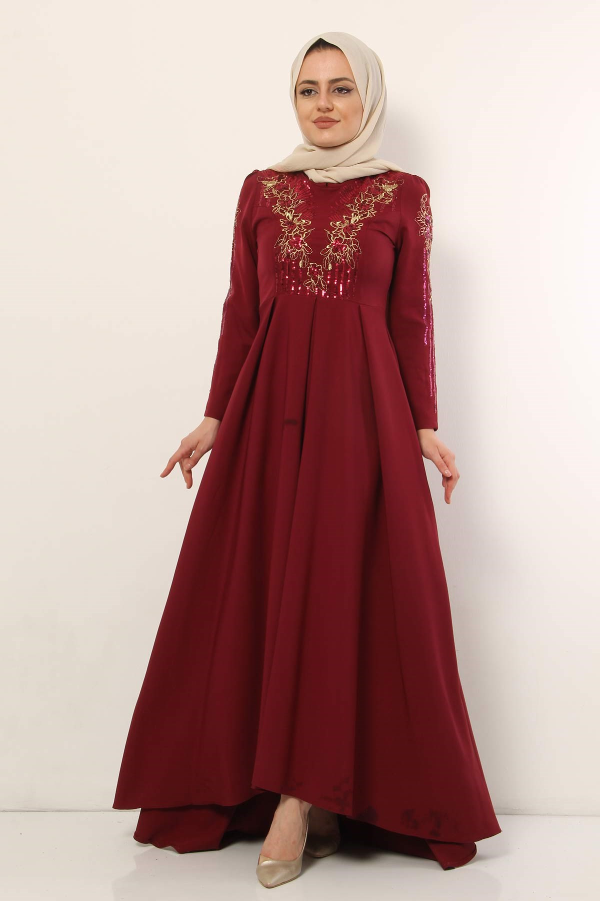 Pul Payet Ve Etek Detaylı Tesettür Abiye Bordo Bordo 8603-1