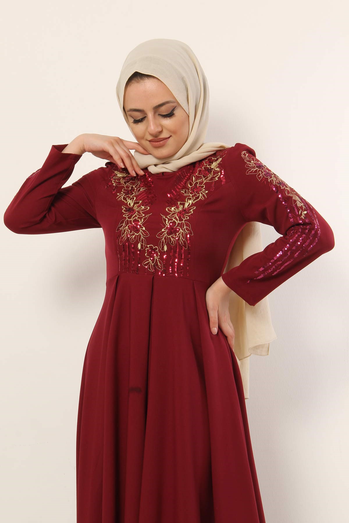 Pul Payet Ve Etek Detaylı Tesettür Abiye Bordo Bordo 8603-1