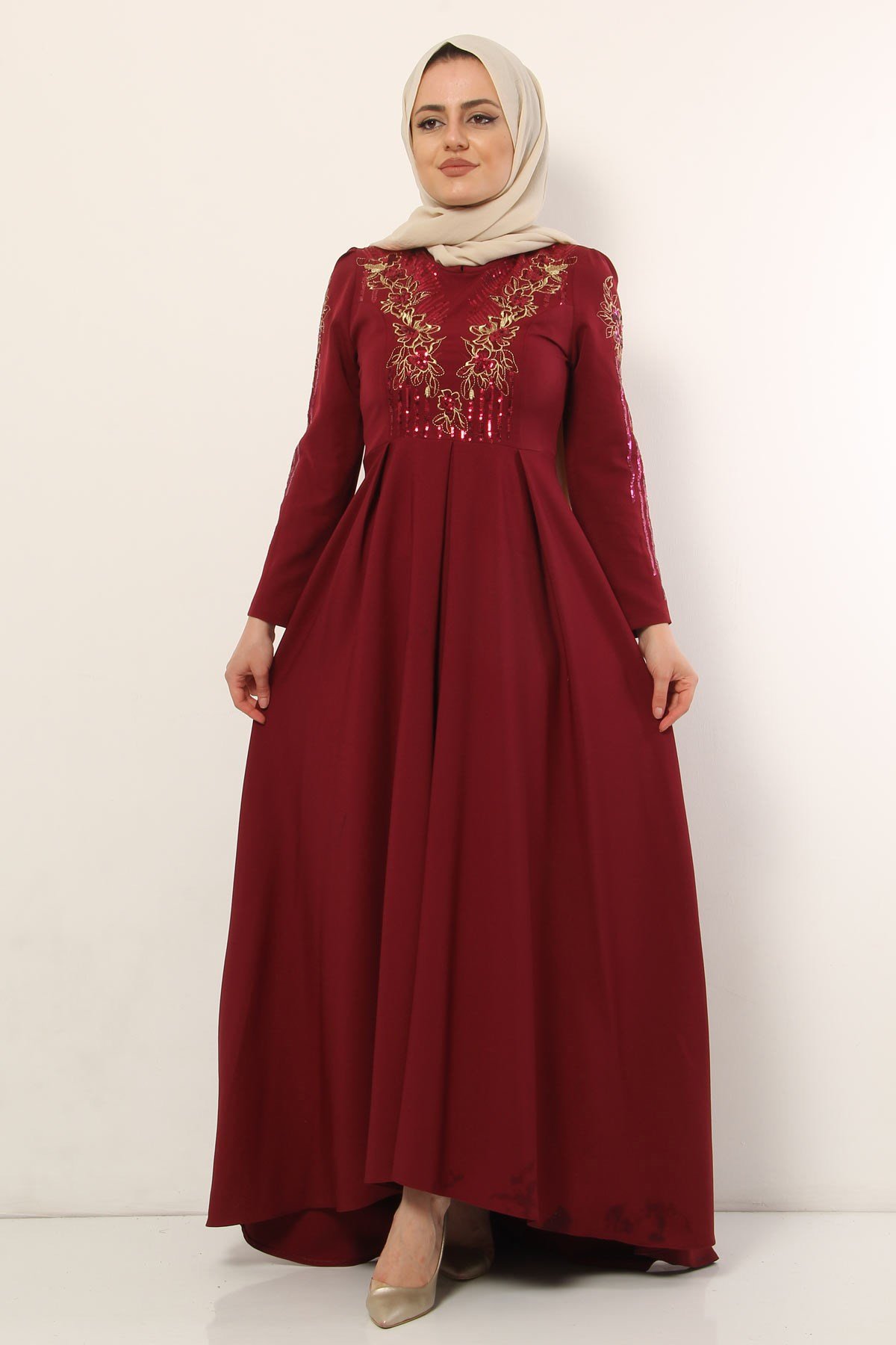 Pul Payet Ve Etek Detaylı Tesettür Abiye Bordo Bordo 8603-1