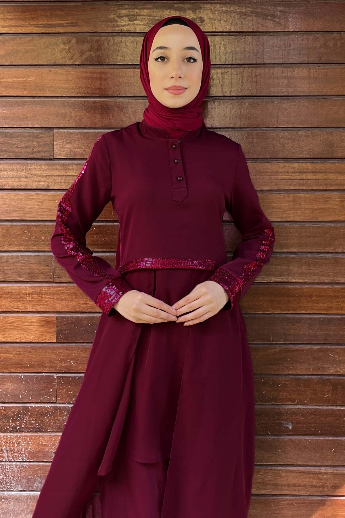 Pulpayet Detaylı Tesettür  İkili Kombin Mürdüm Mürdüm 9561-2-38