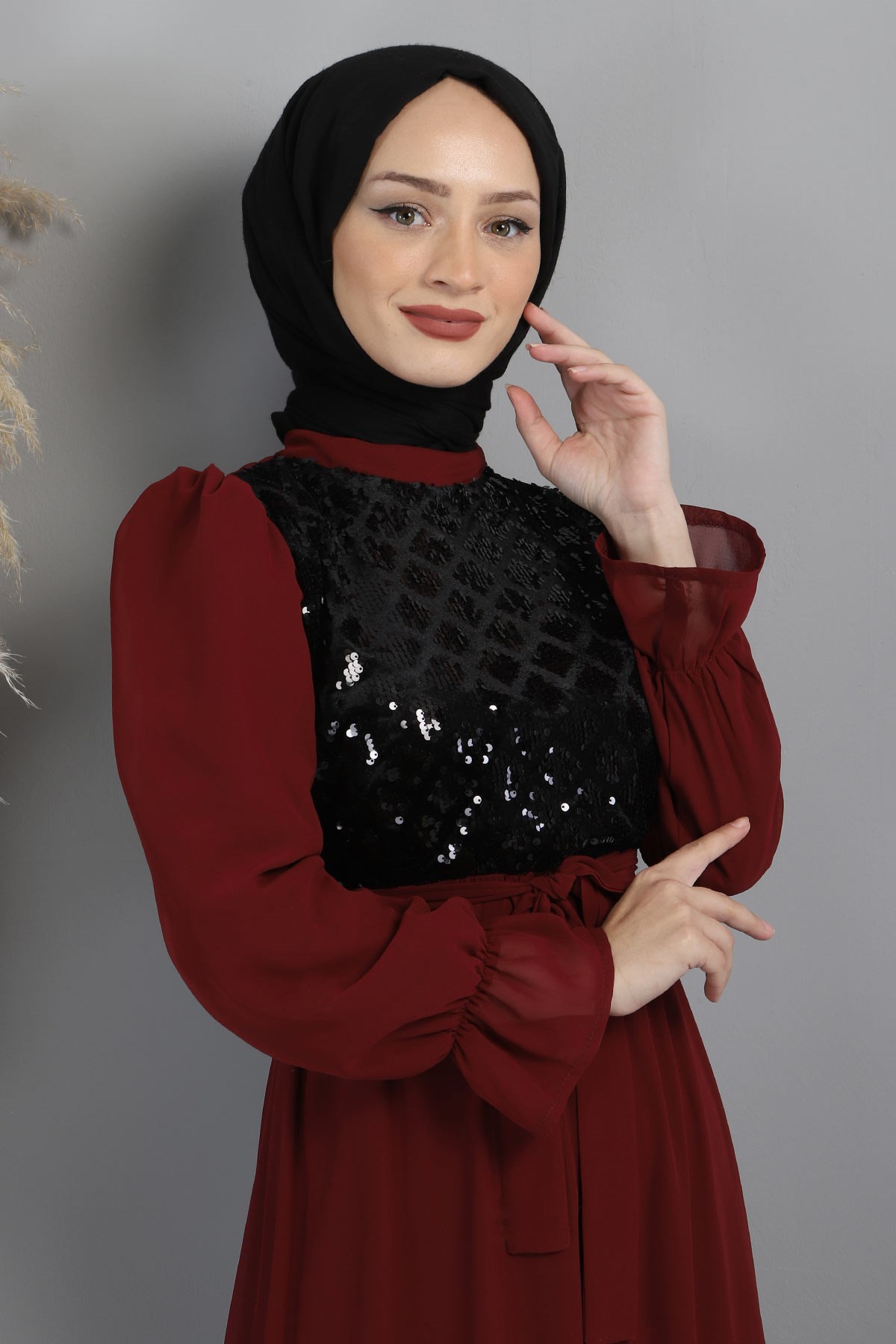 Pulpayetli Şifon Abiye Bordo 15600