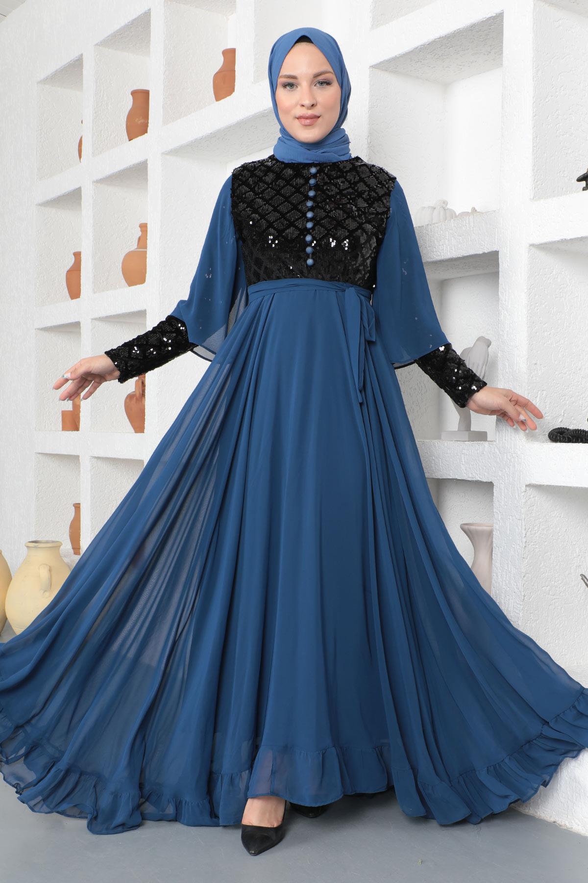 Pulpayetli Şifon Abiye İndigo 19107