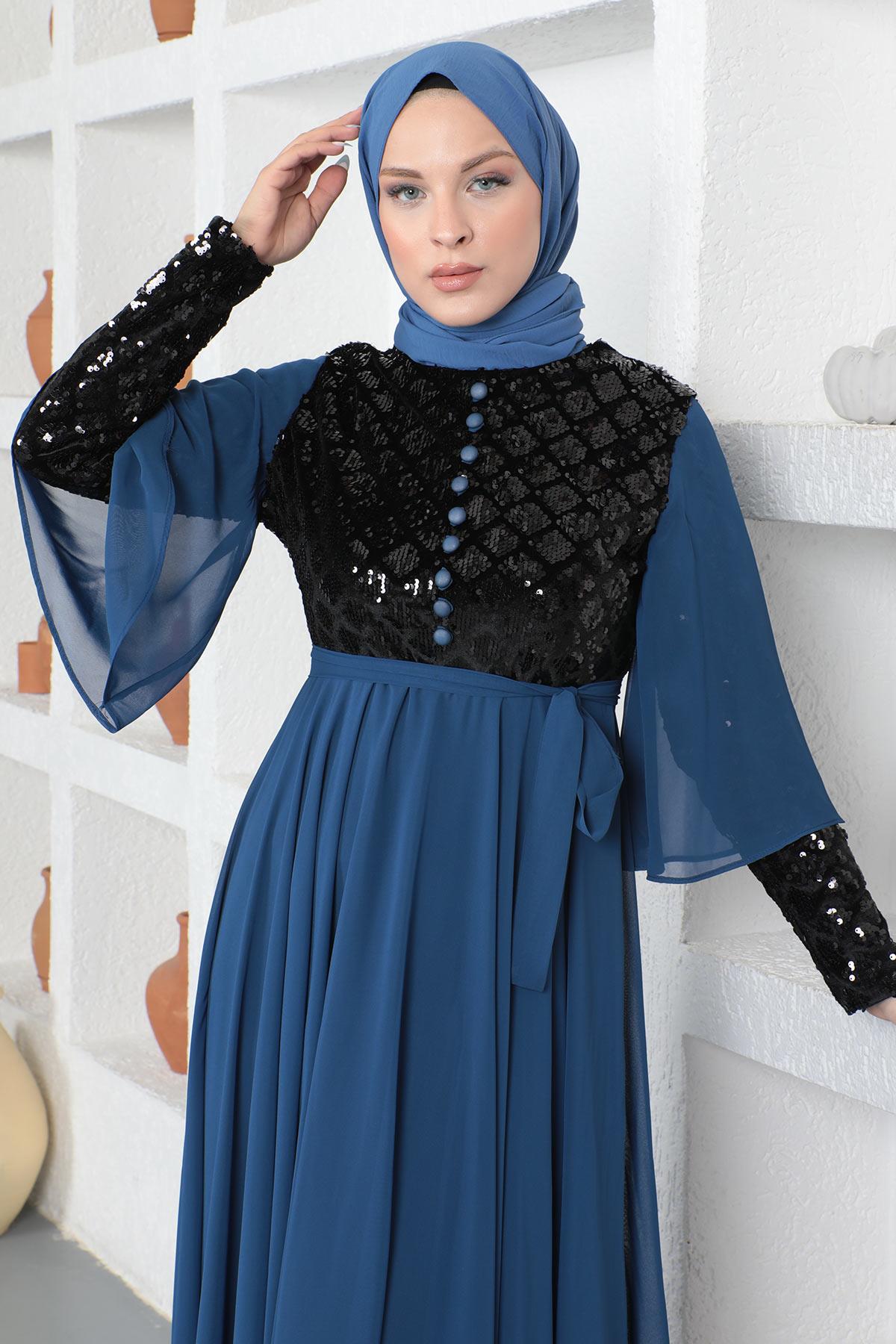 Pulpayetli Şifon Abiye İndigo 19107