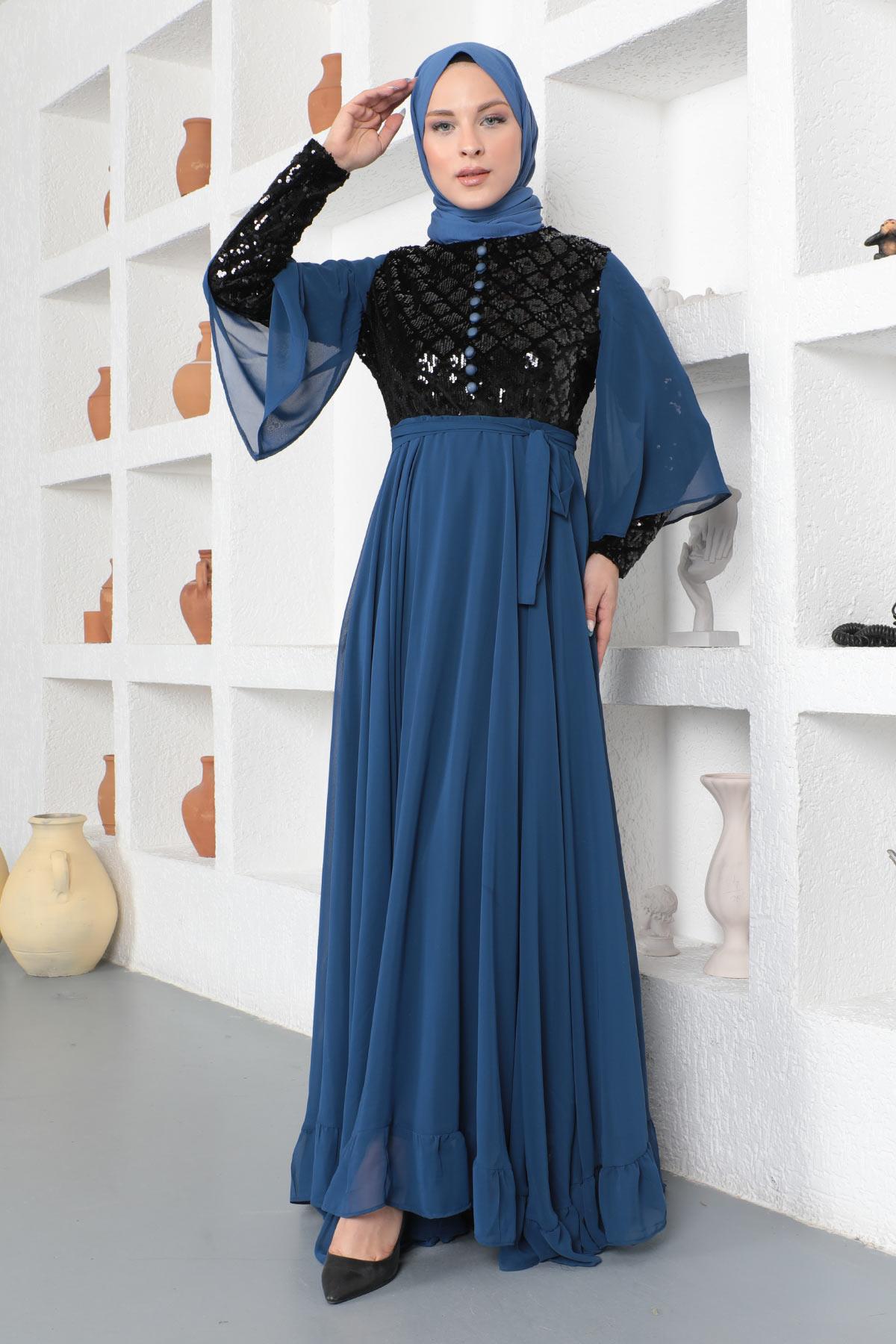 Pulpayetli Şifon Abiye İndigo 19107