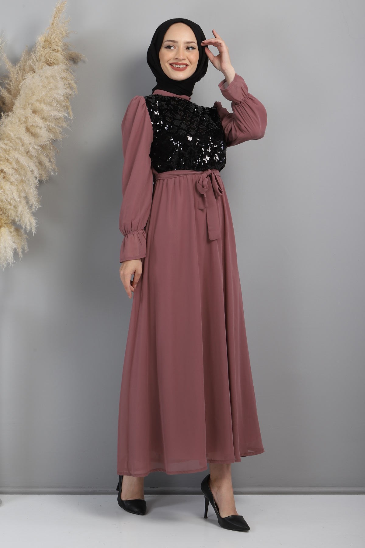 Pulpayetli Şifon Abiye Lila 15600