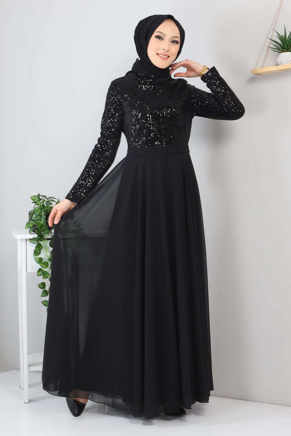 Pulpayetli Şifon Abiye Siyah 8940
