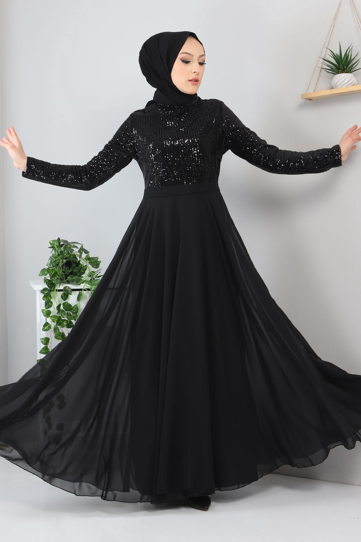 Pulpayetli Şifon Abiye Siyah 8940