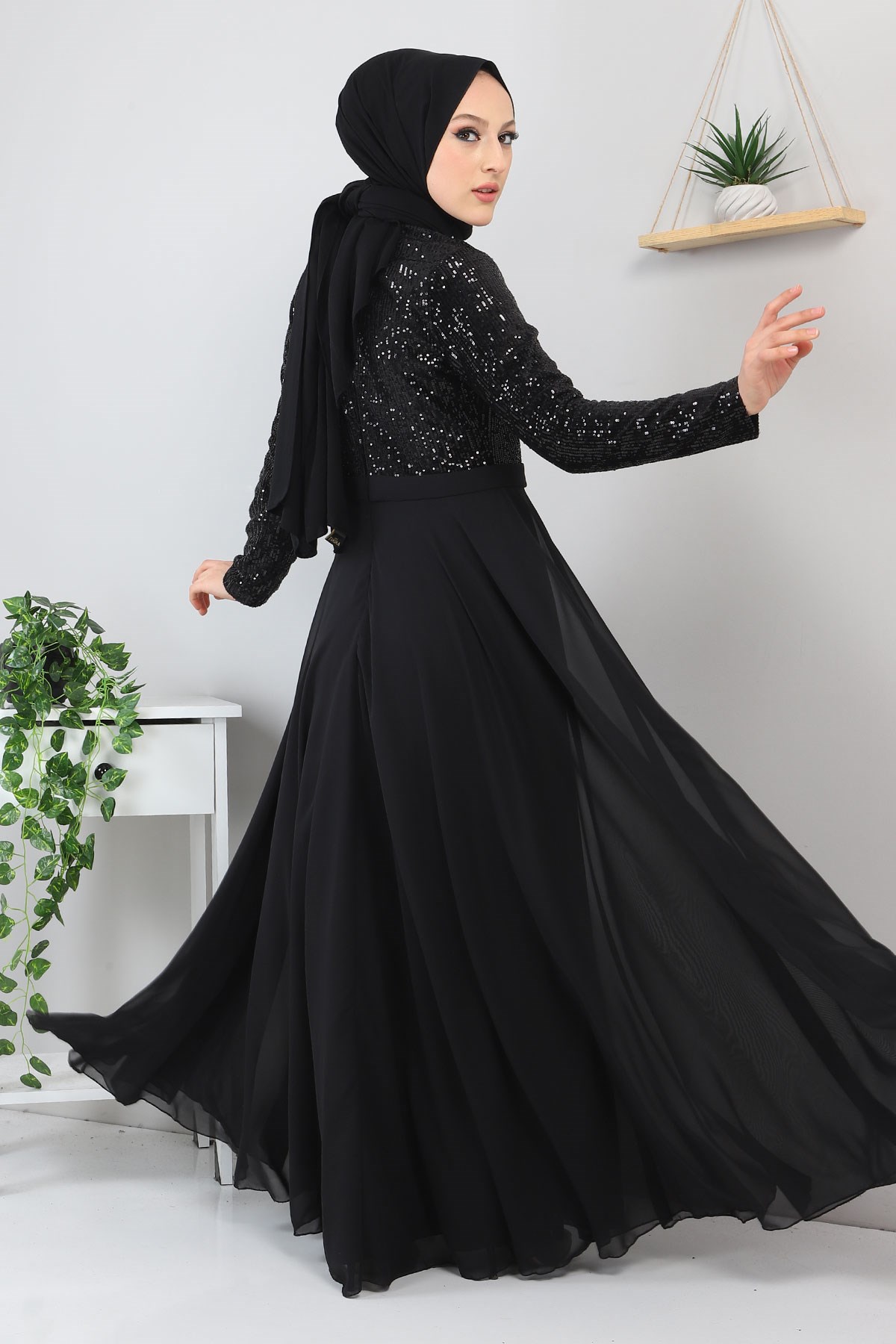 Pulpayetli Şifon Abiye Siyah 8940