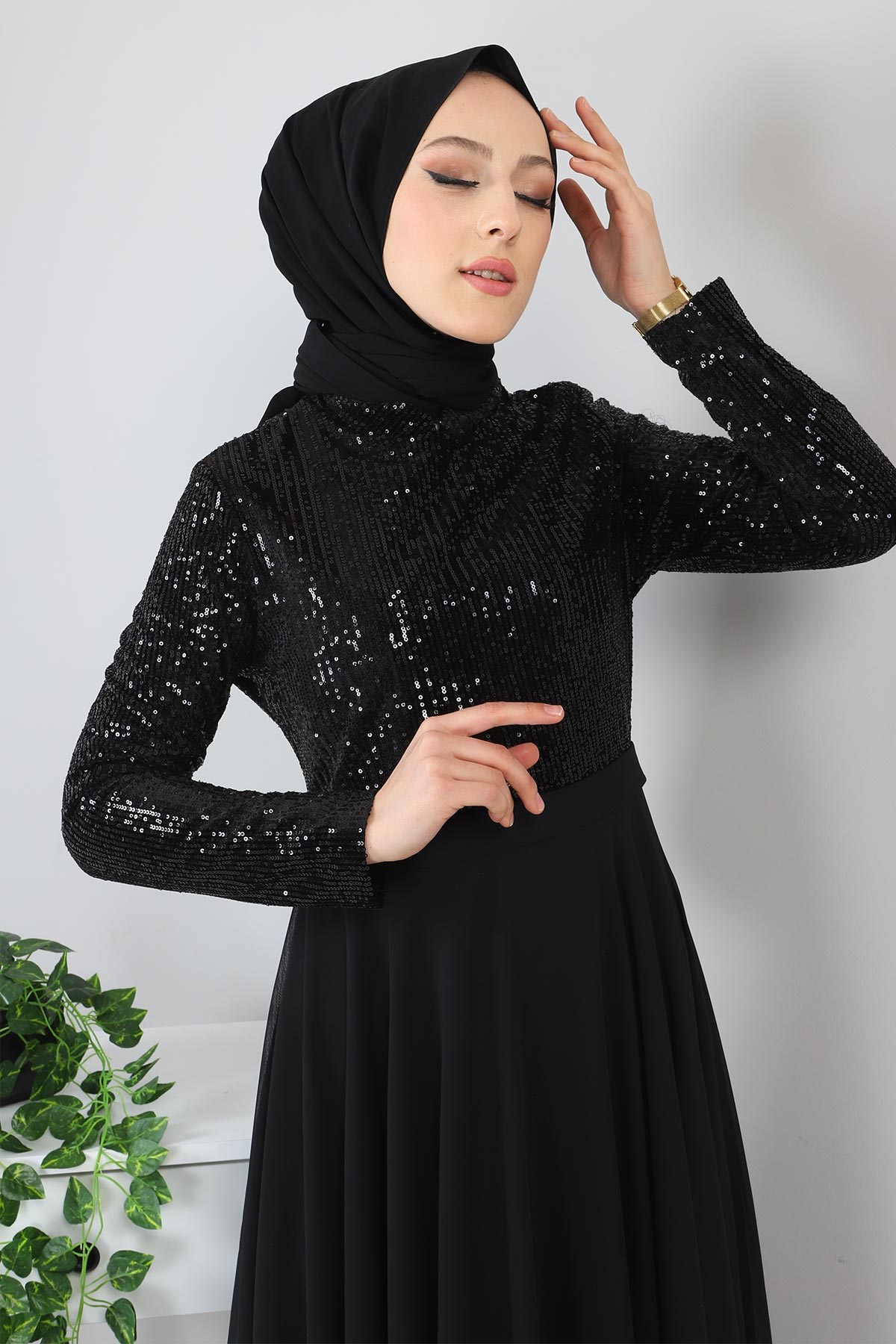 Pulpayetli Şifon Abiye Siyah 8940