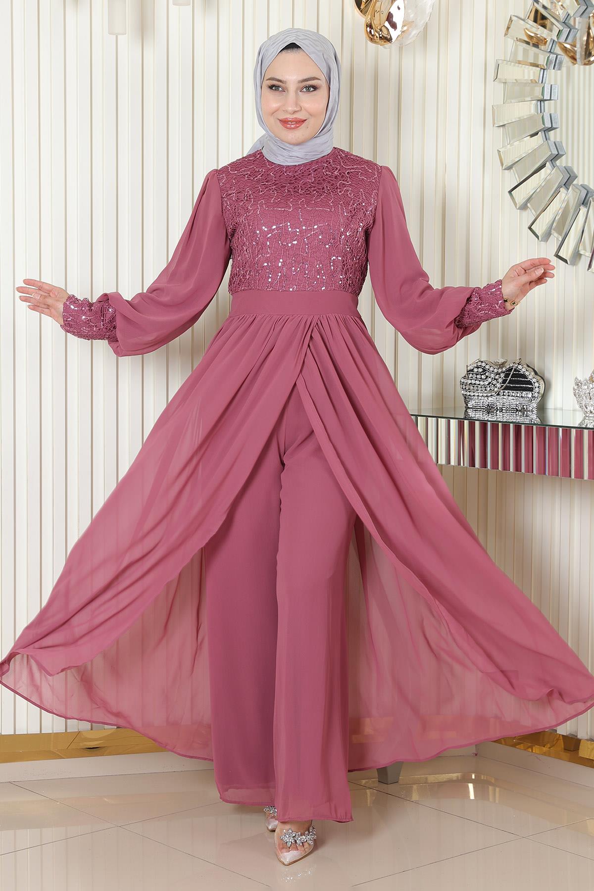 Pulpayetli Şifon Takım Gül Kurusu Gül Kurusu MSW19190-3