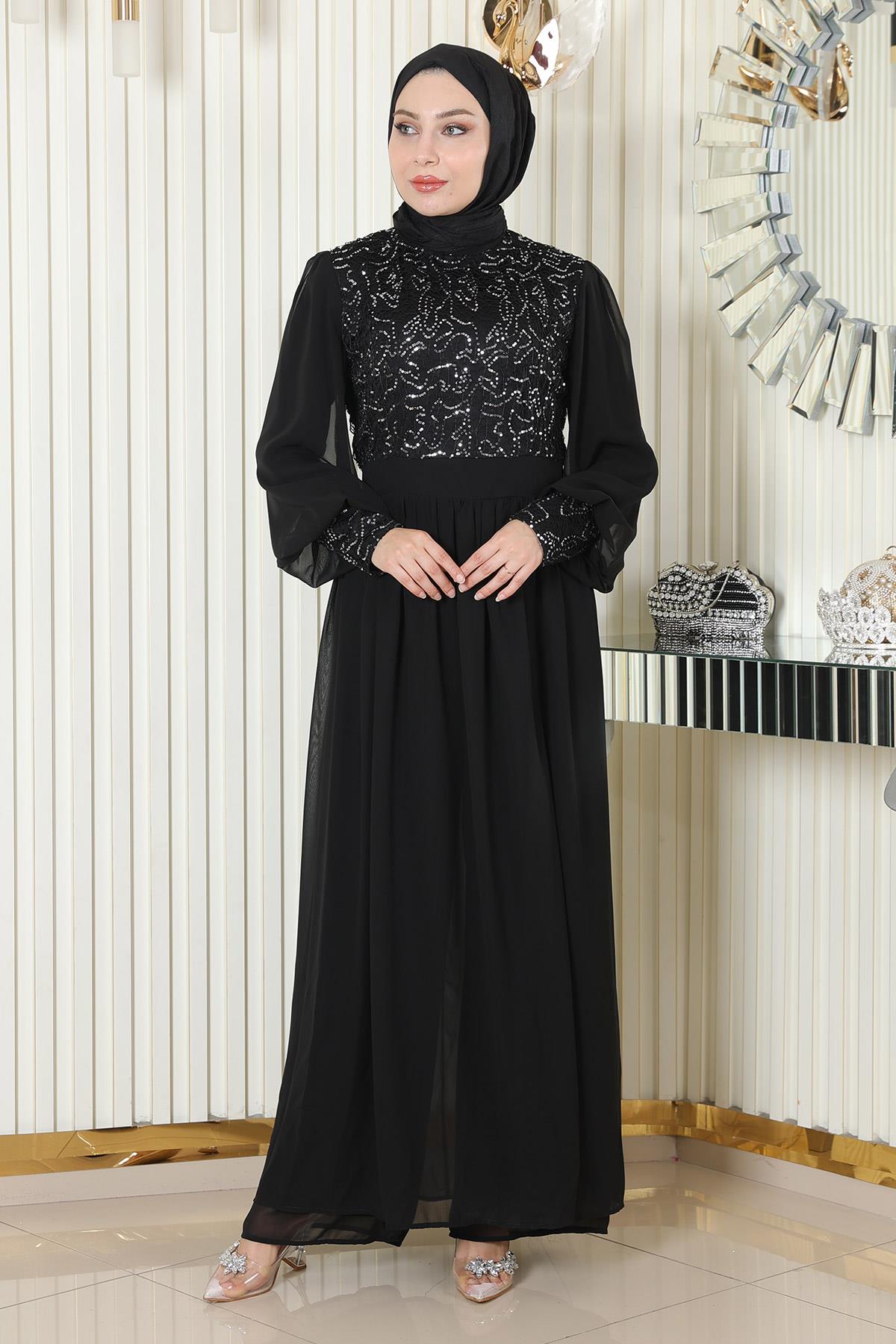 Pulpayetli Şifon Takım Siyah Siyah MSW19190-1