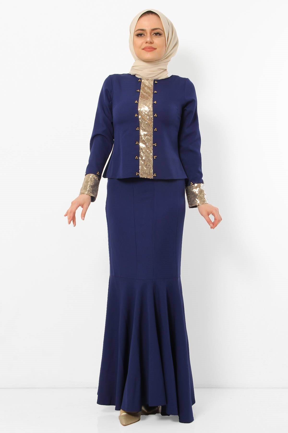 Pulpayetli Tesettür Kombin İndigo İndigo 8375-3