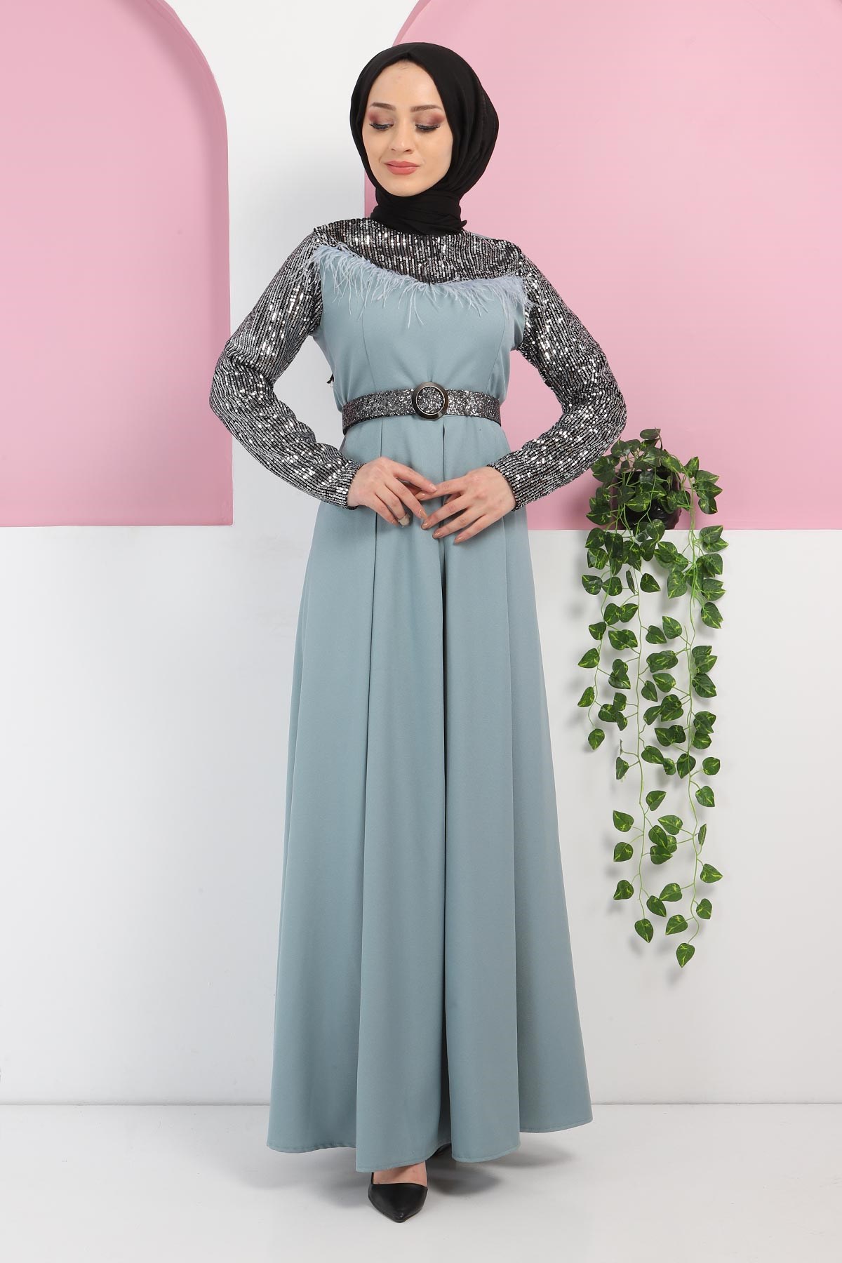 Pulpayetli Tüylü Abiye Mint 8040