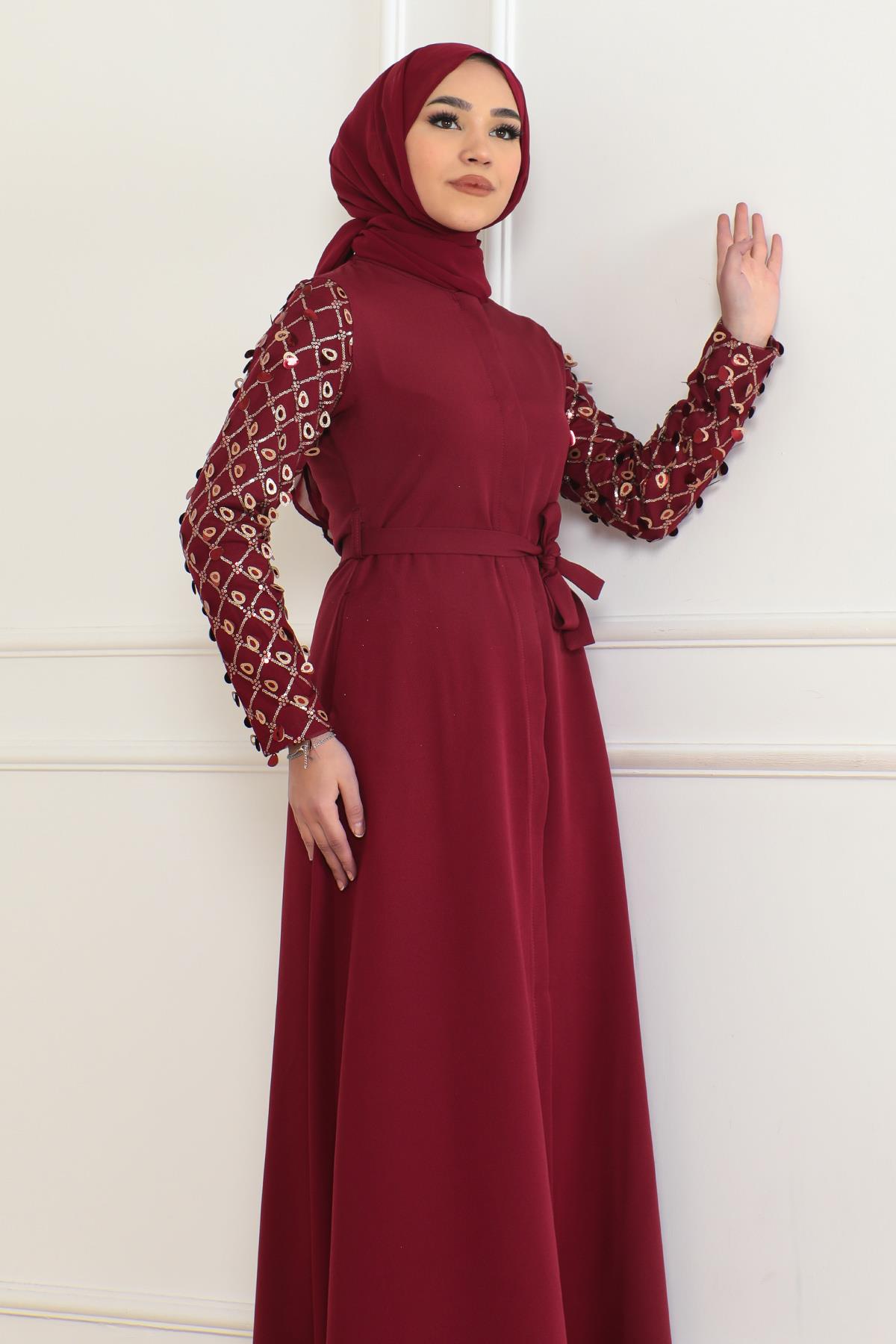 Saçak Detaylı Elbise Bordo 6115