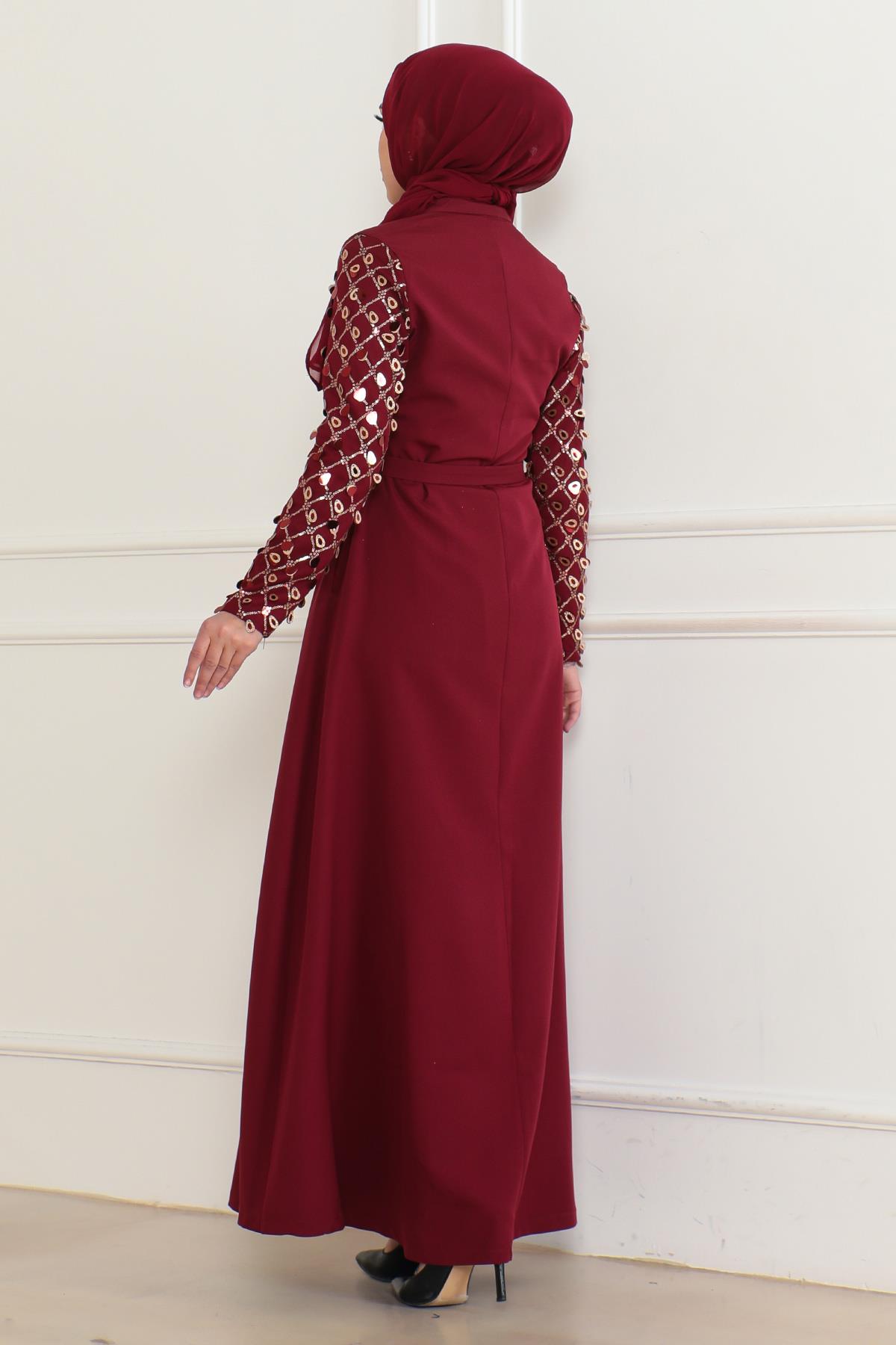 Saçak Detaylı Elbise Bordo 6115