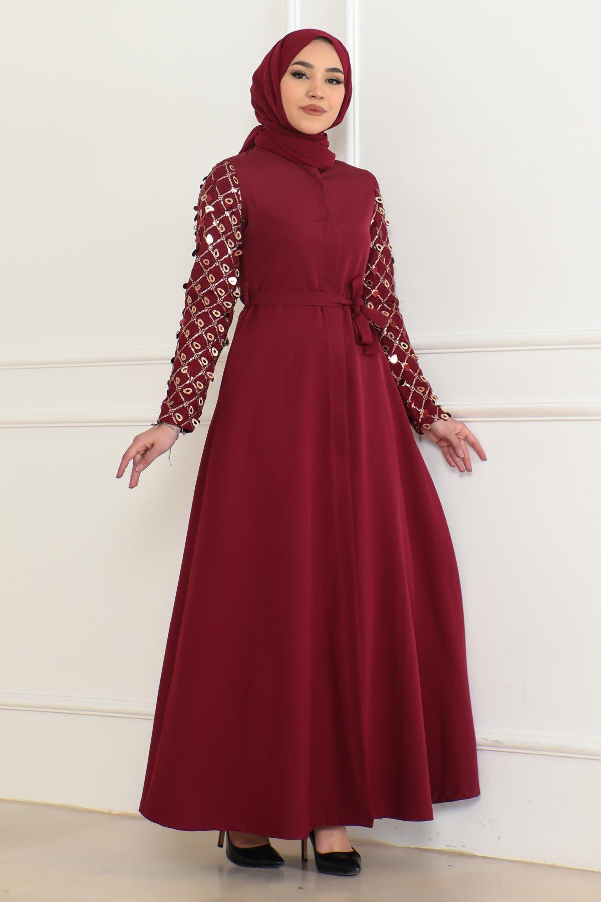 Saçak Detaylı Elbise Bordo 6115