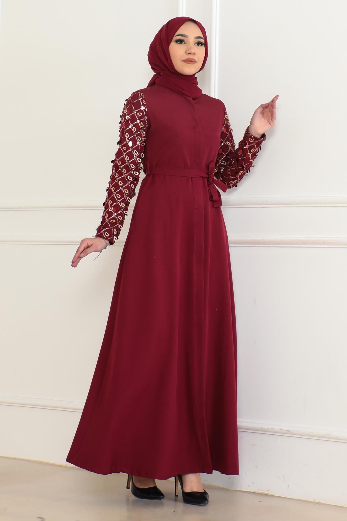 Saçak Detaylı Elbise Bordo 6115