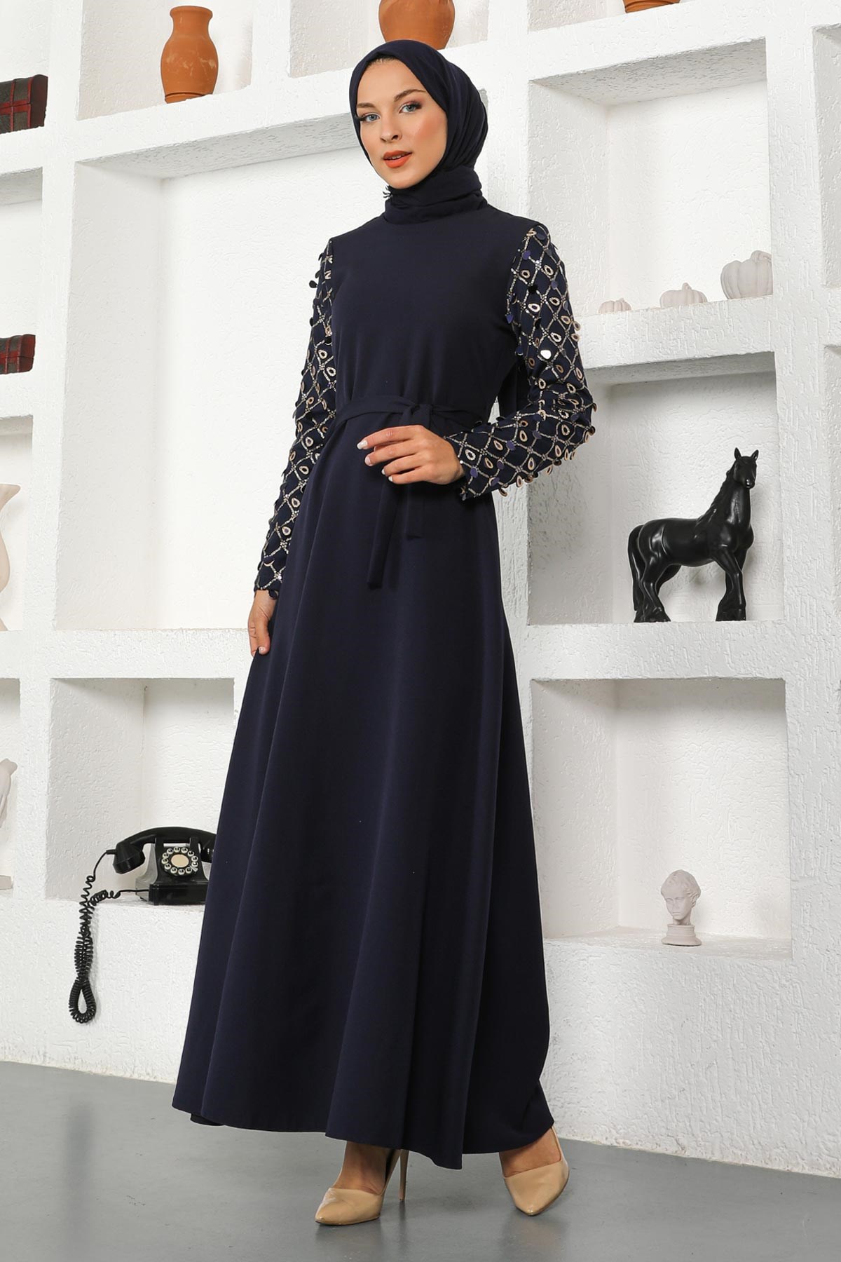 Saçak Detaylı Elbise Lacivert 8818