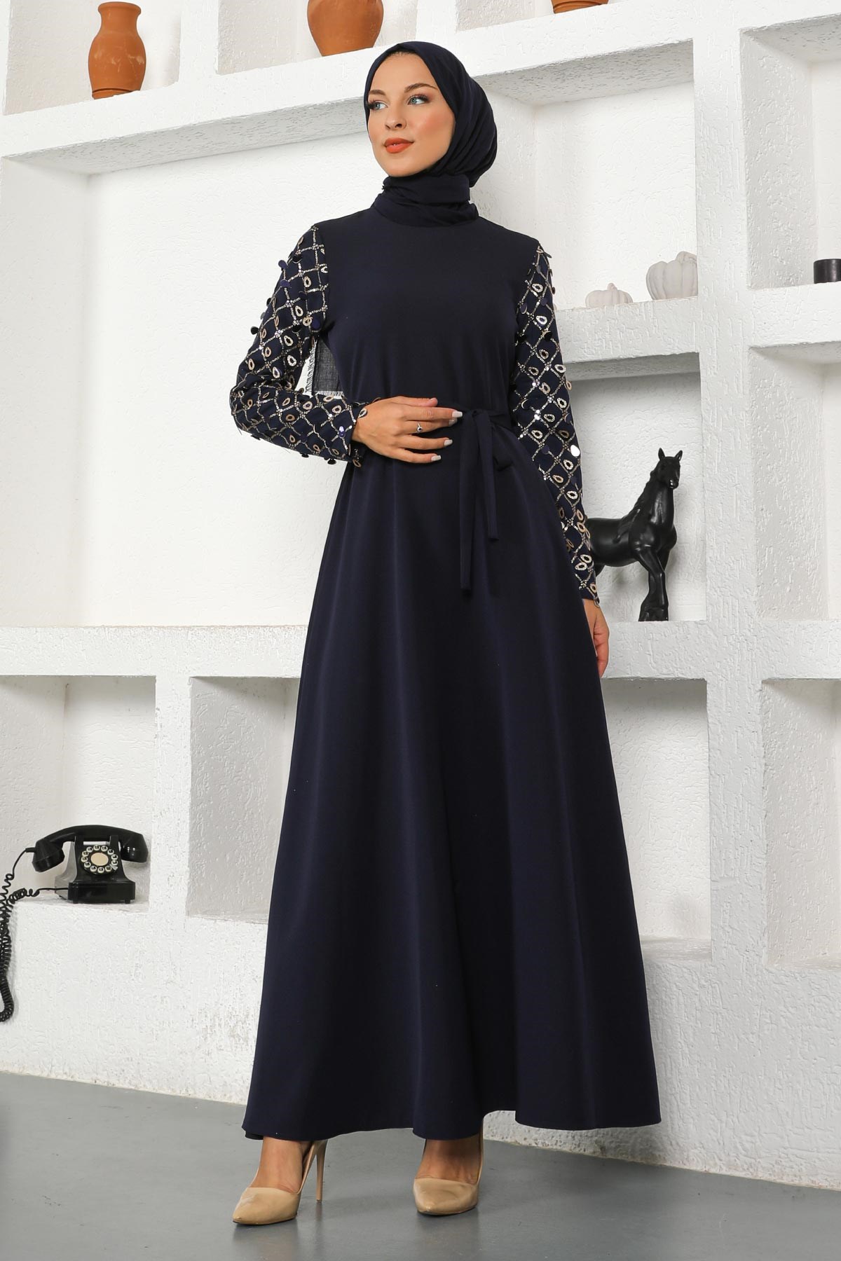 Saçak Detaylı Elbise Lacivert 8818