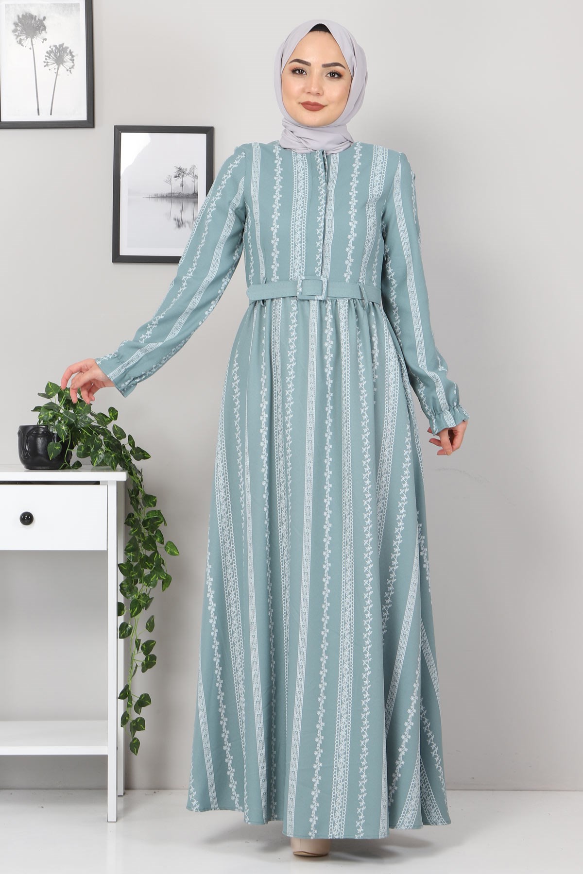 Şerit Çiçekli Anne Elbise Mint 10434