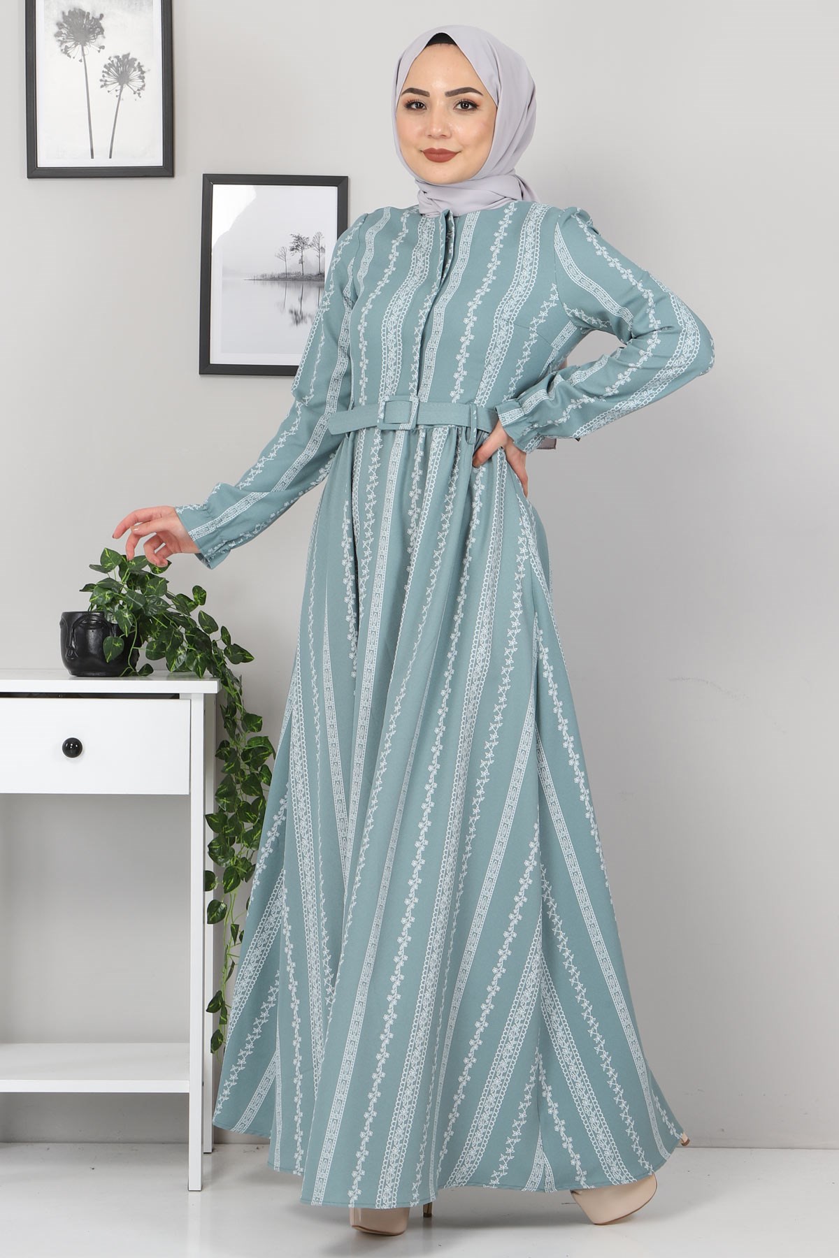 Şerit Çiçekli Anne Elbise Mint 10434