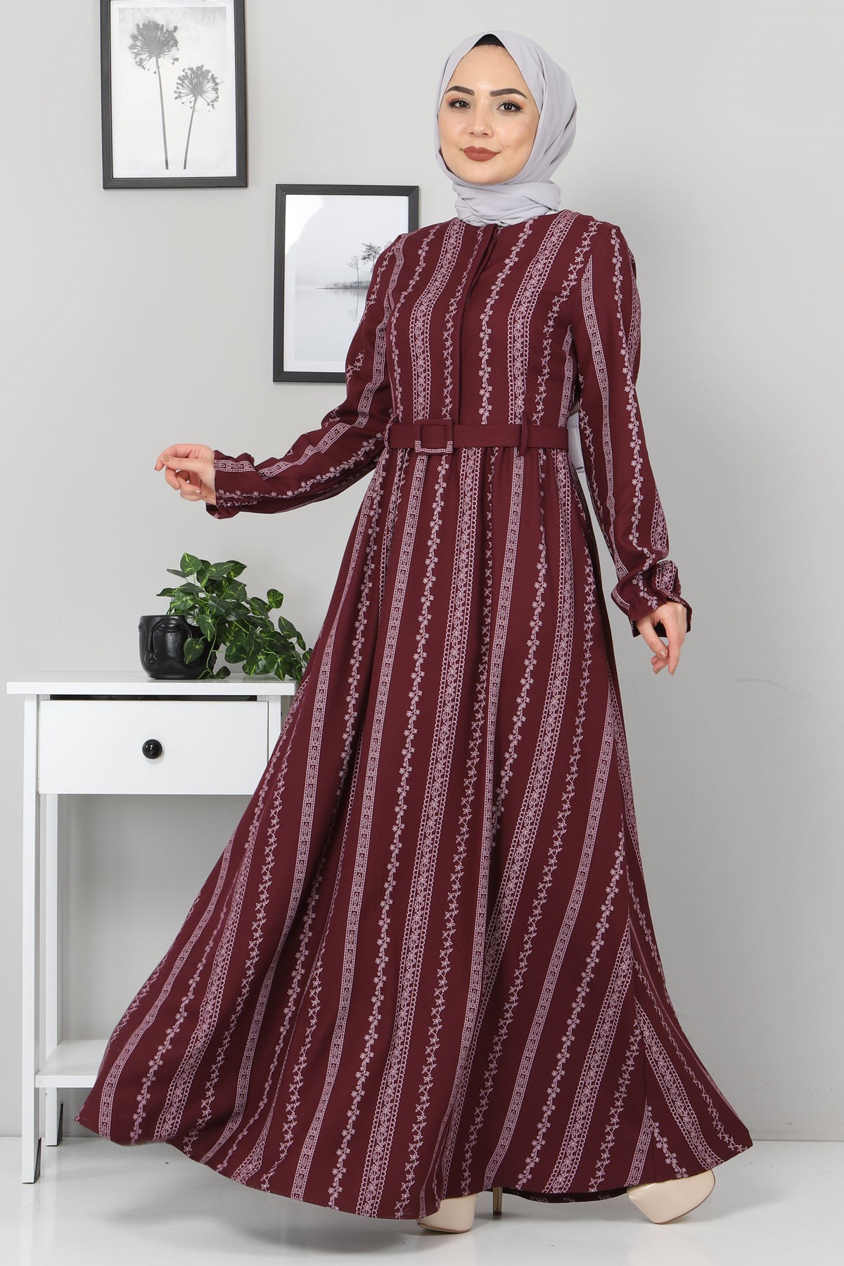 Şerit Çiçekli Anne Elbise Mürdüm 10434