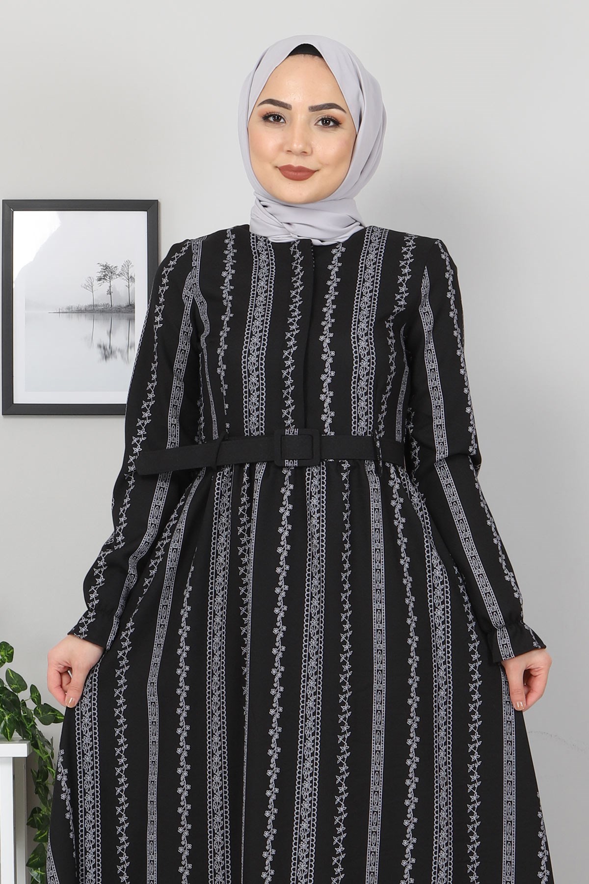 Şerit Çiçekli Anne Elbise Siyah 10434