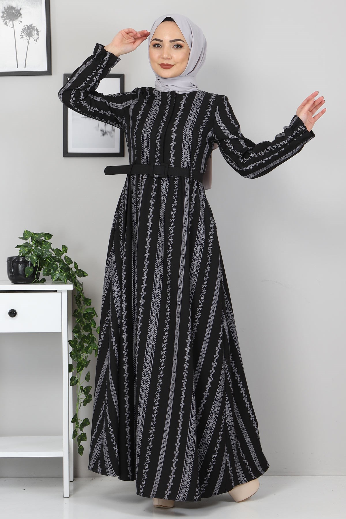 Şerit Çiçekli Anne Elbise Siyah 10434