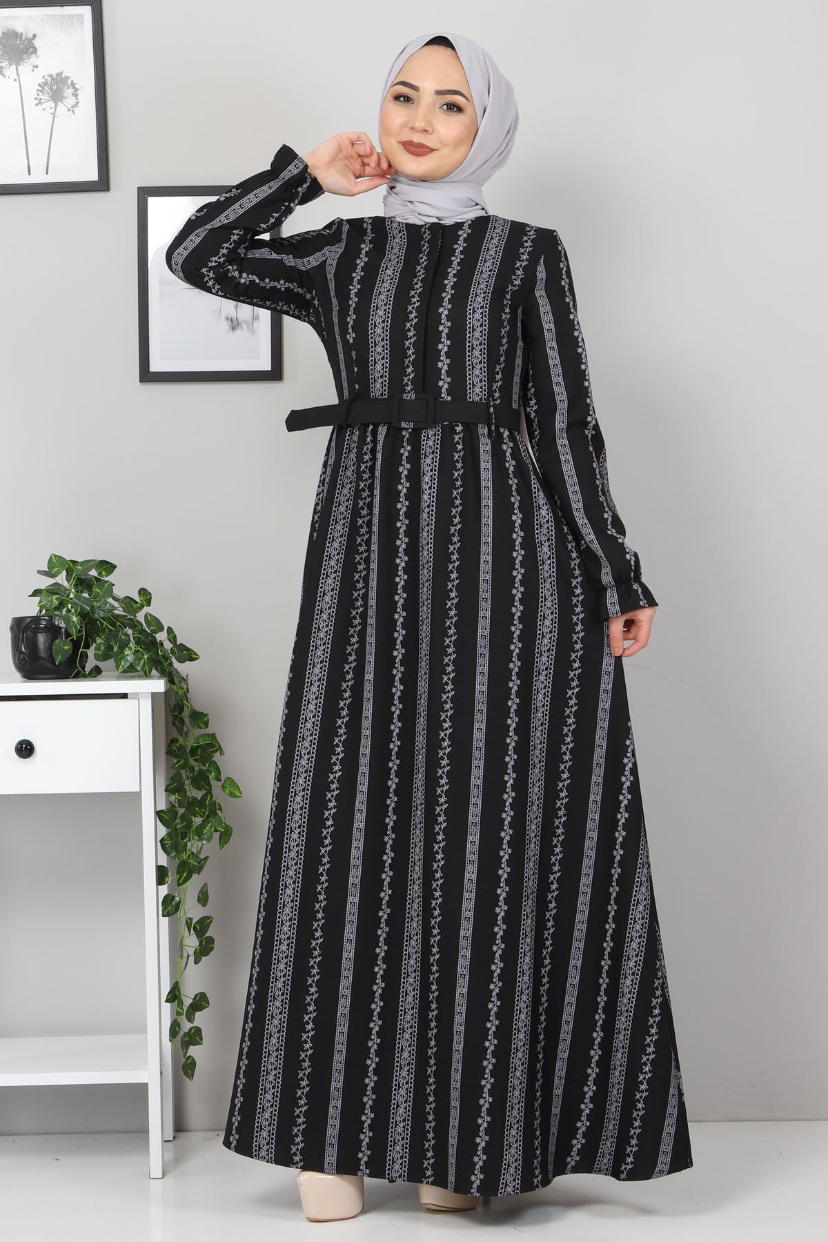 Şerit Çiçekli Anne Elbise Siyah 10434