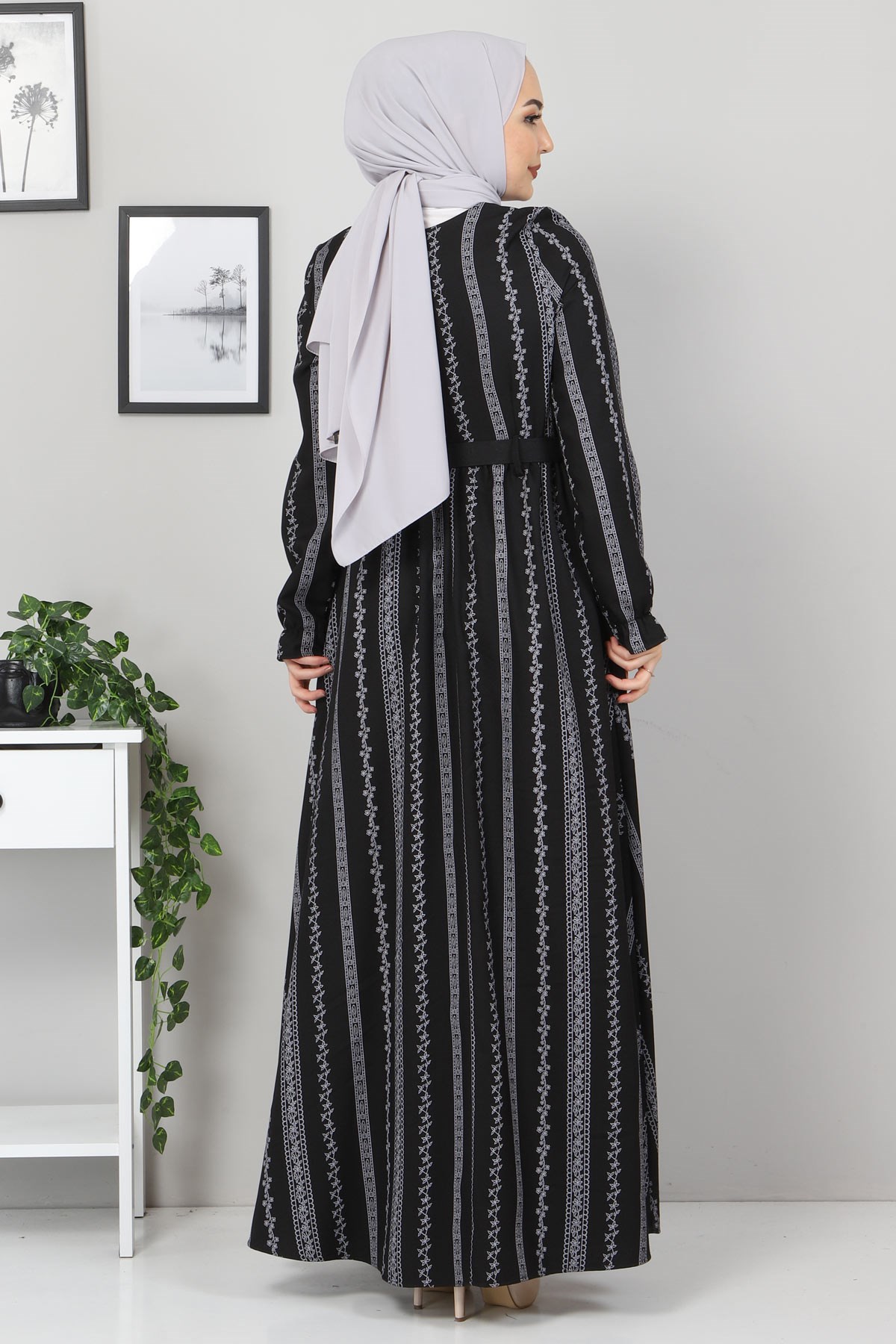 Şerit Çiçekli Anne Elbise Siyah 10434