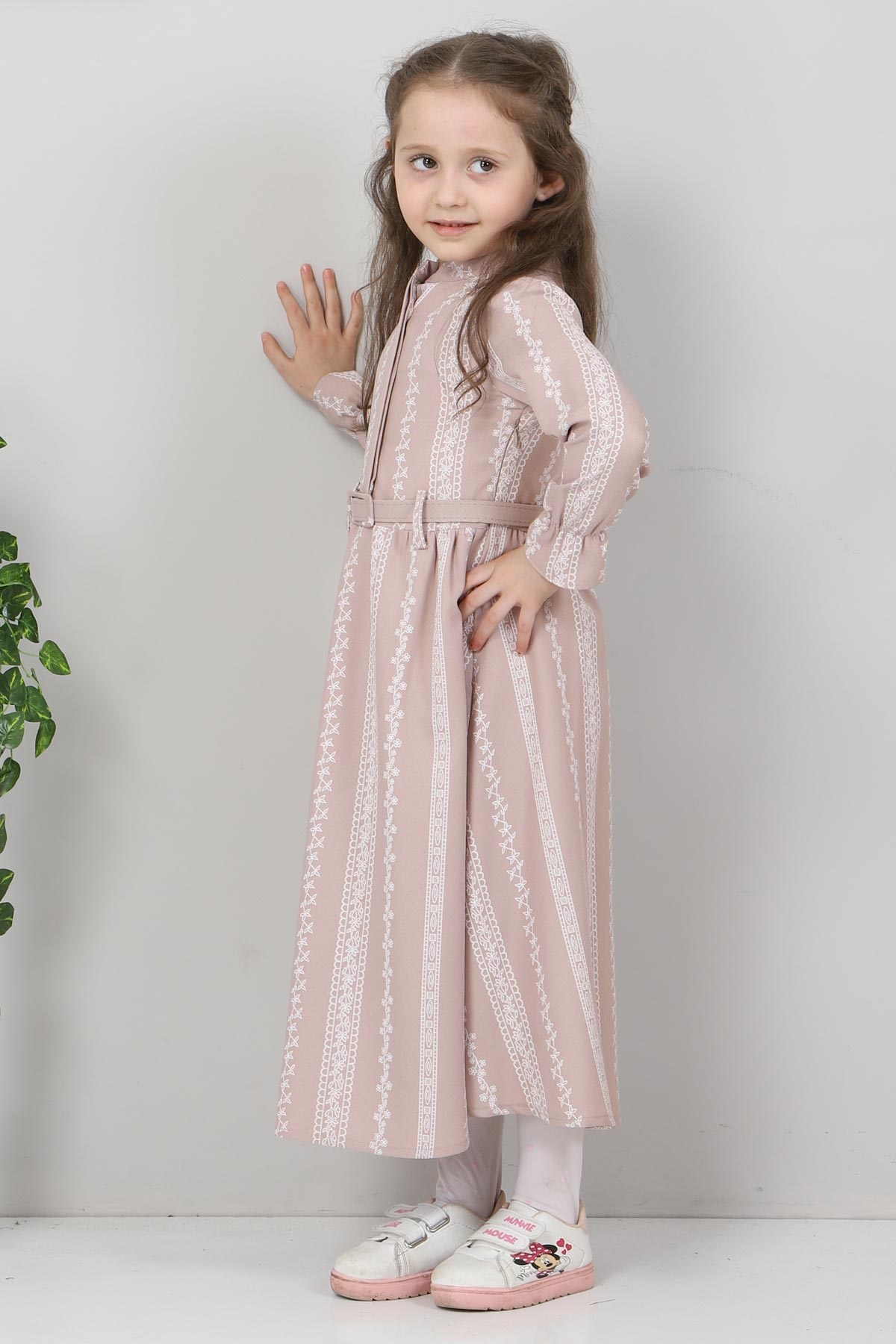 Şerit Çiçekli Çocuk Elbise Bej 10435