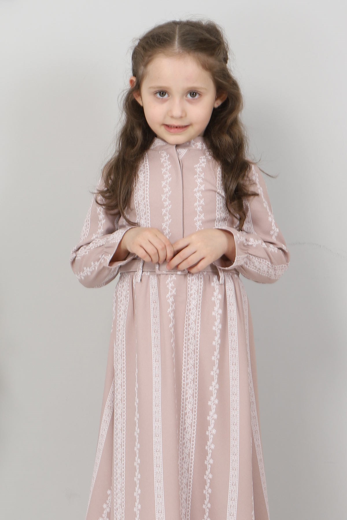 Şerit Çiçekli Çocuk Elbise Bej 10435