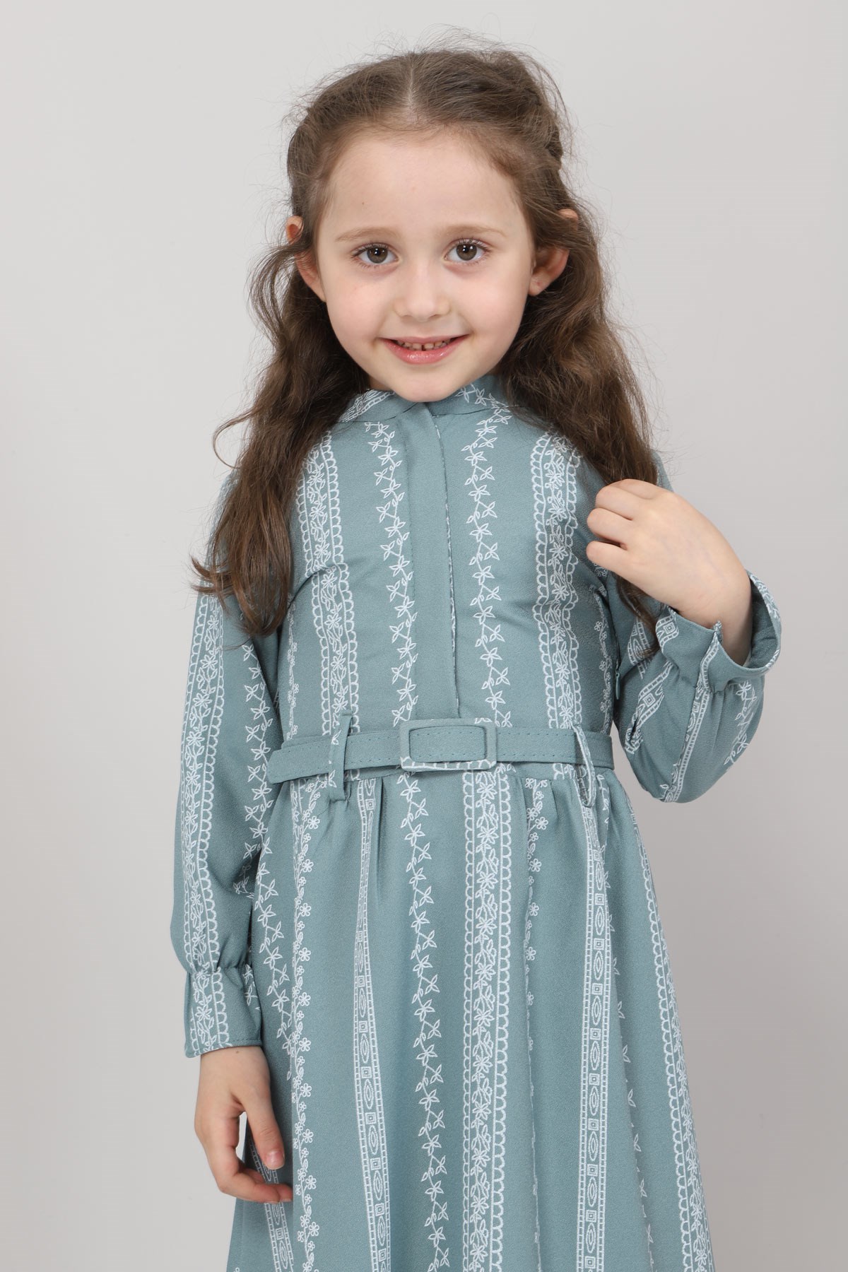 Şerit Çiçekli Çocuk Elbise Mint 10435