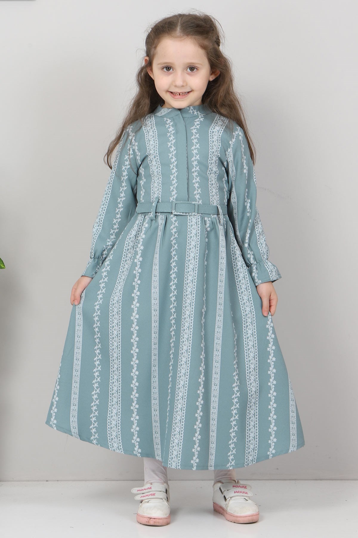 Şerit Çiçekli Çocuk Elbise Mint 10435