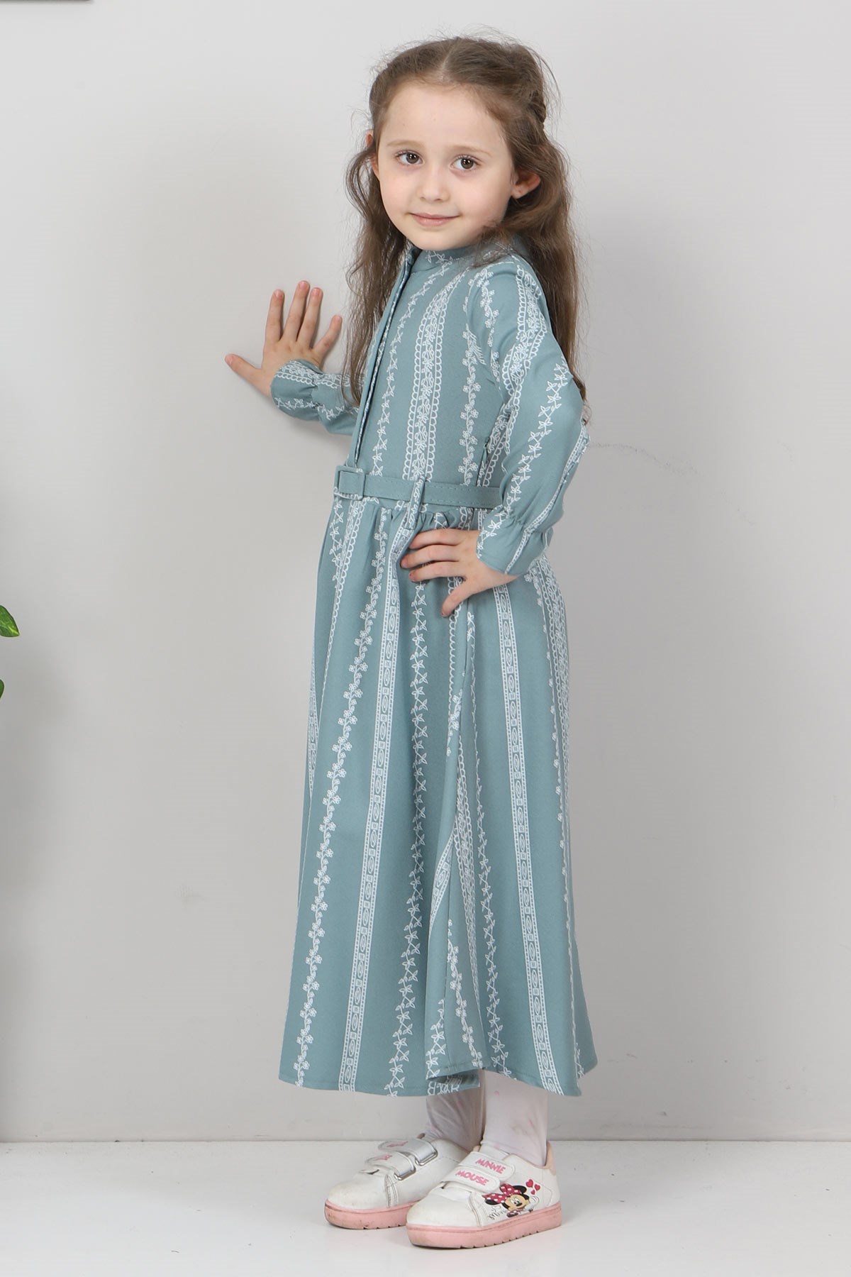 Şerit Çiçekli Çocuk Elbise Mint 10435