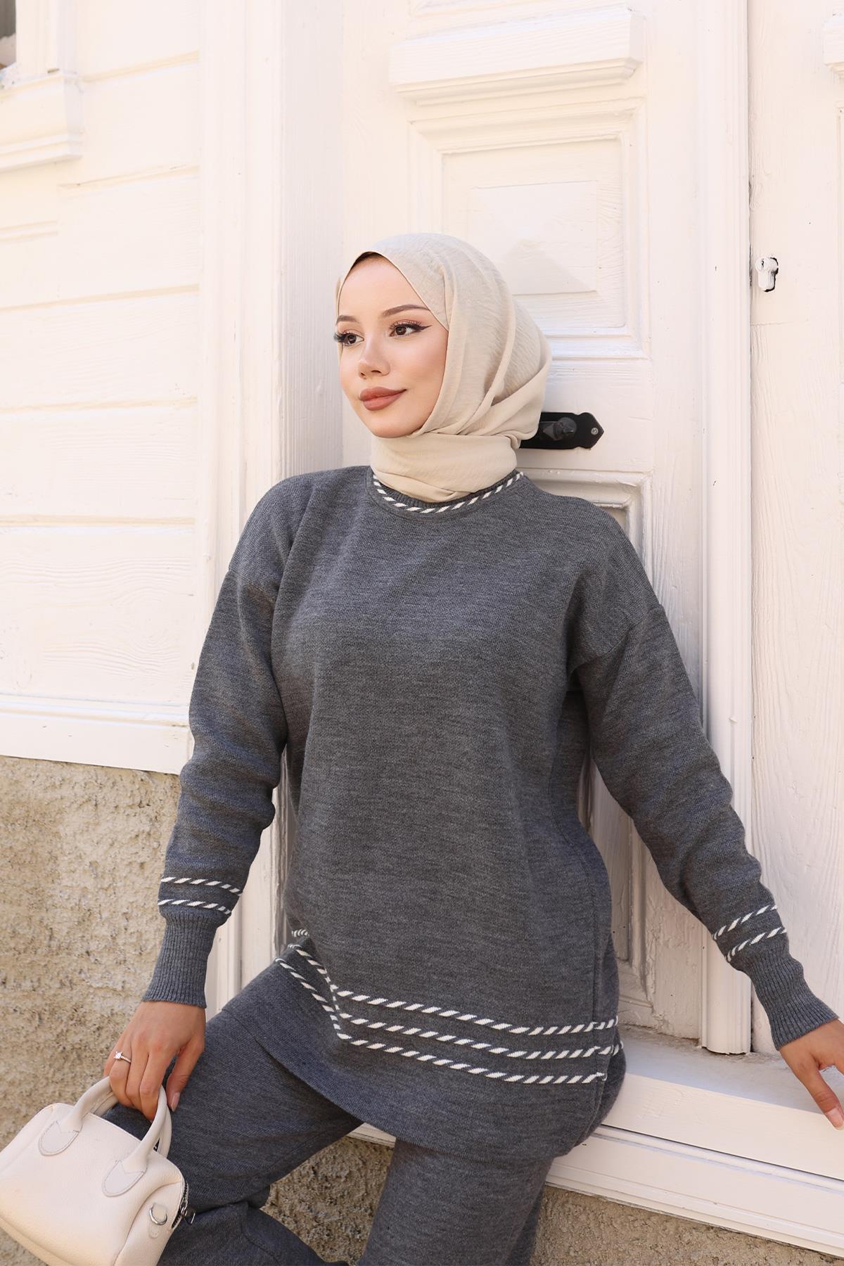Şerit Detaylı Triko Takım Gri 6151