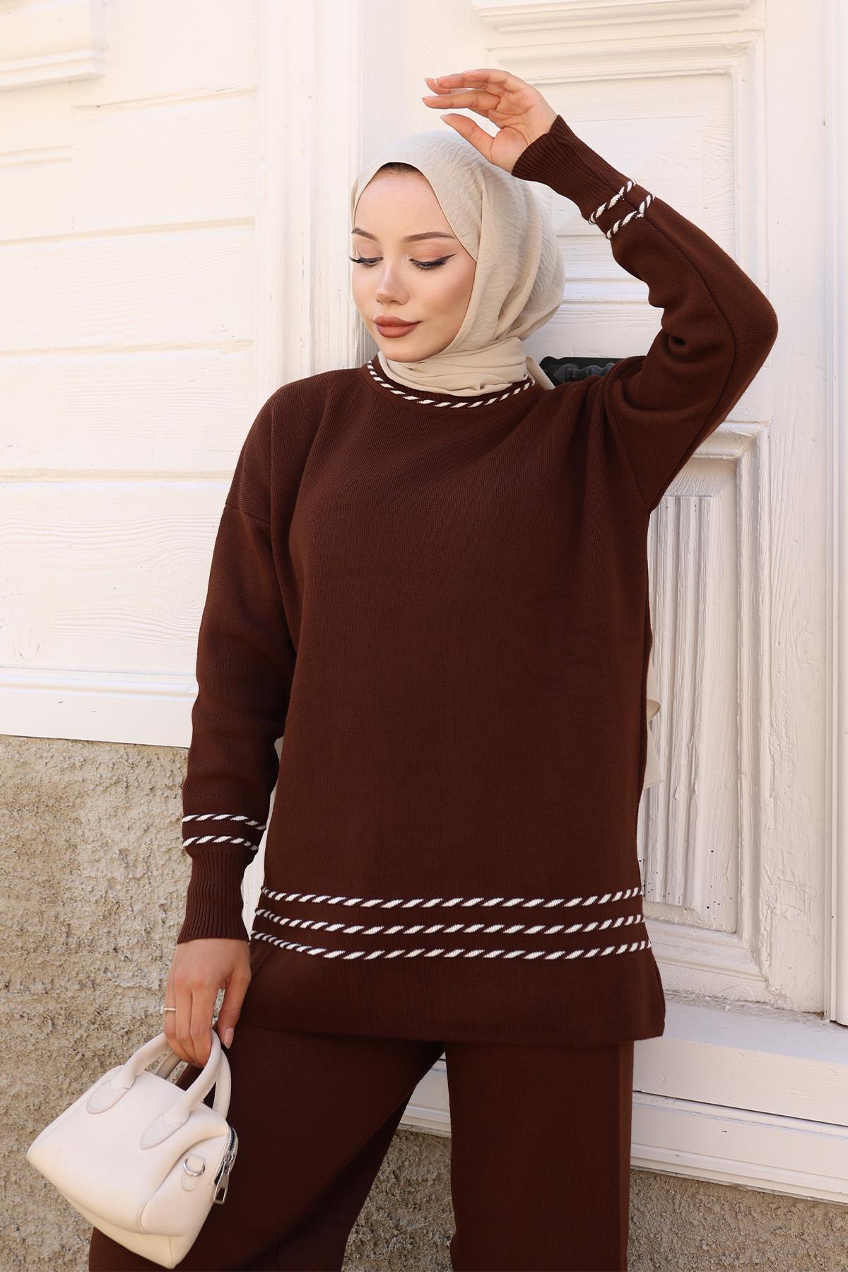 Şerit Detaylı Triko Takım Kahverengi 6151