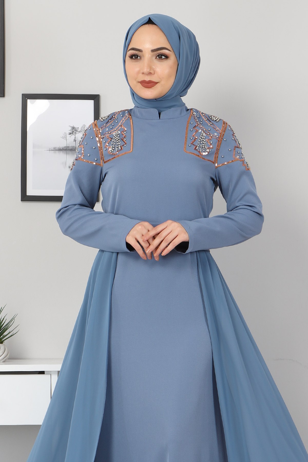 Şifon Detay İncili Abiye Bebe Mavisi 9699