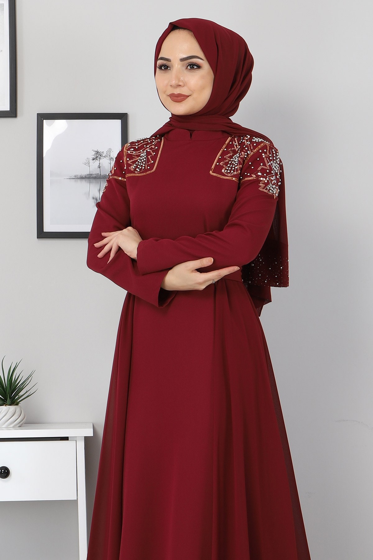 Şifon Detay İncili Abiye Bordo 9699