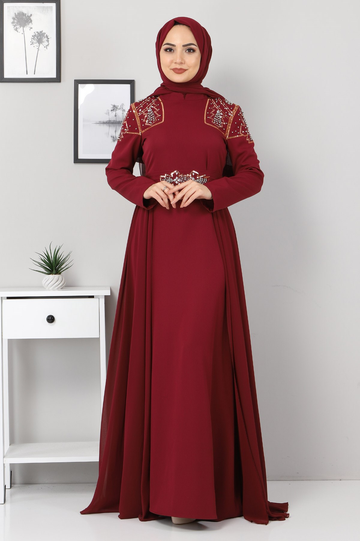 Şifon Detay İncili Abiye Bordo 9699