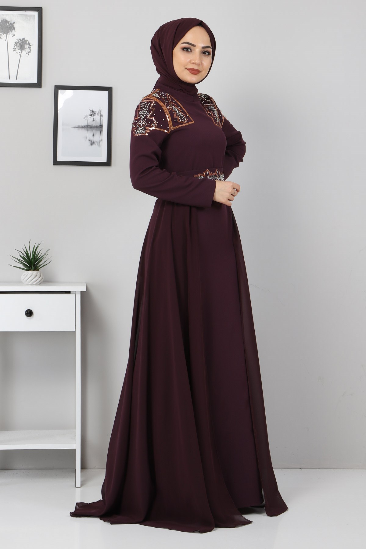 Şifon Detay İncili Abiye Mürdüm 9699