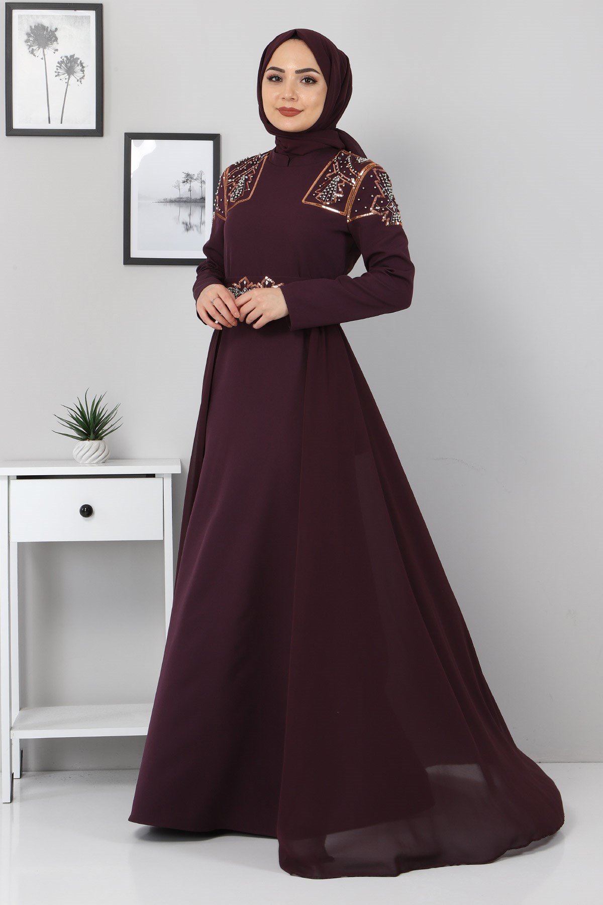 Şifon Detay İncili Abiye Mürdüm 9699