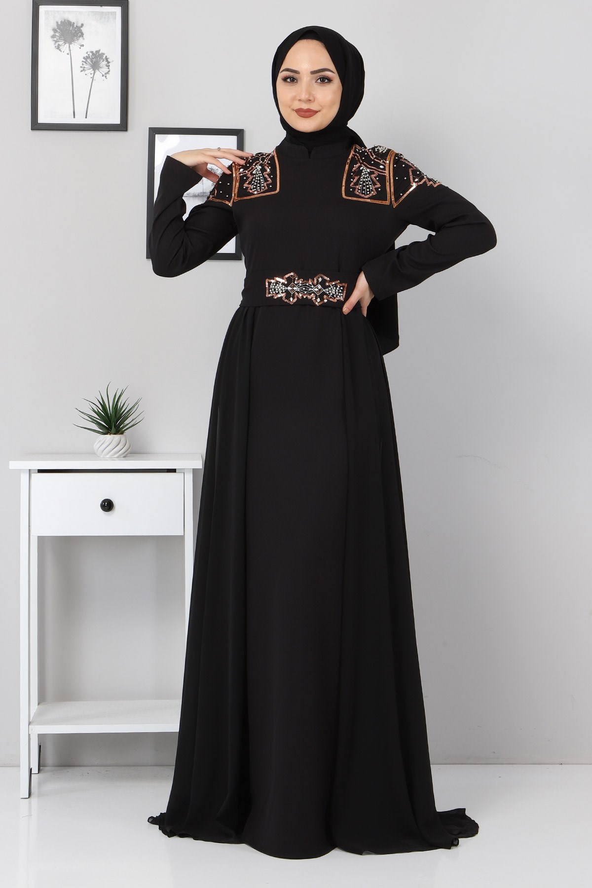 Şifon Detay İncili Abiye Siyah 9699