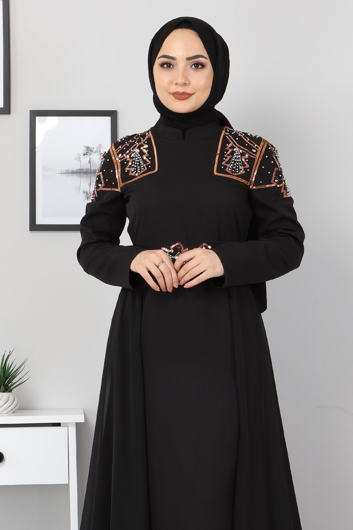 Şifon Detay İncili Abiye Siyah 9699