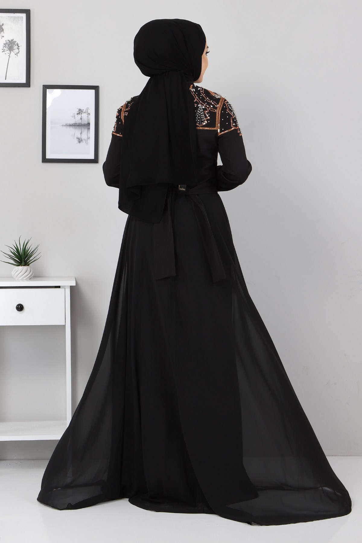 Şifon Detay İncili Abiye Siyah 9699