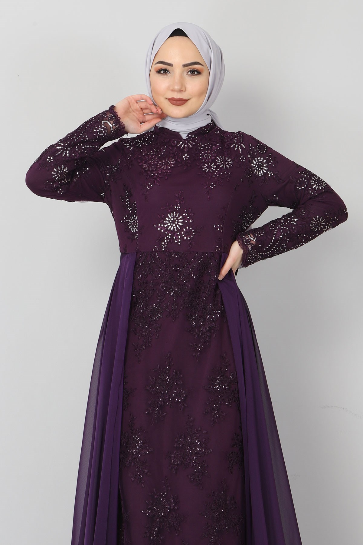 Şifon Pelerinli Dantel Abiye Mürdüm 8941