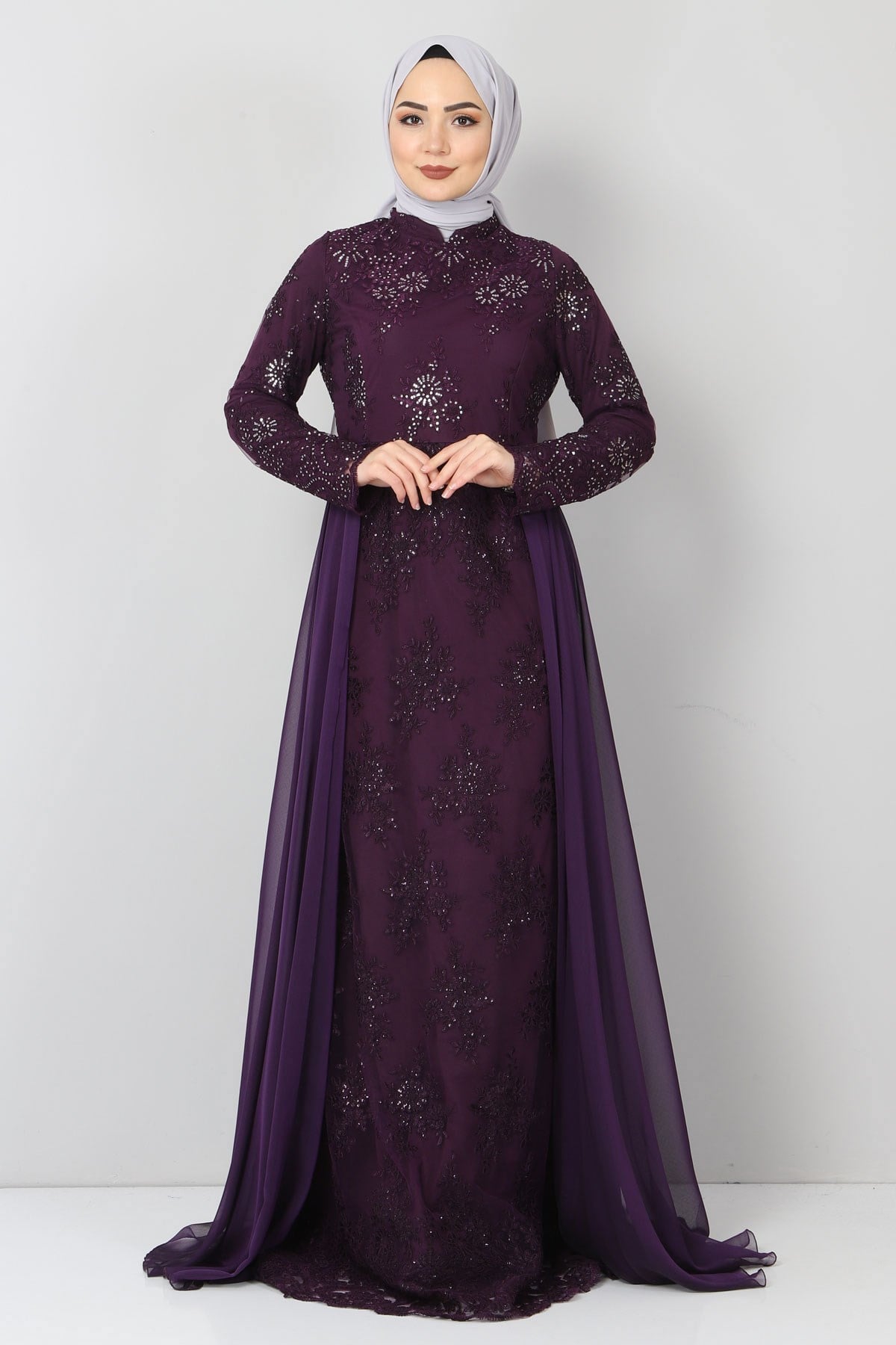 Şifon Pelerinli Dantel Abiye Mürdüm 8941