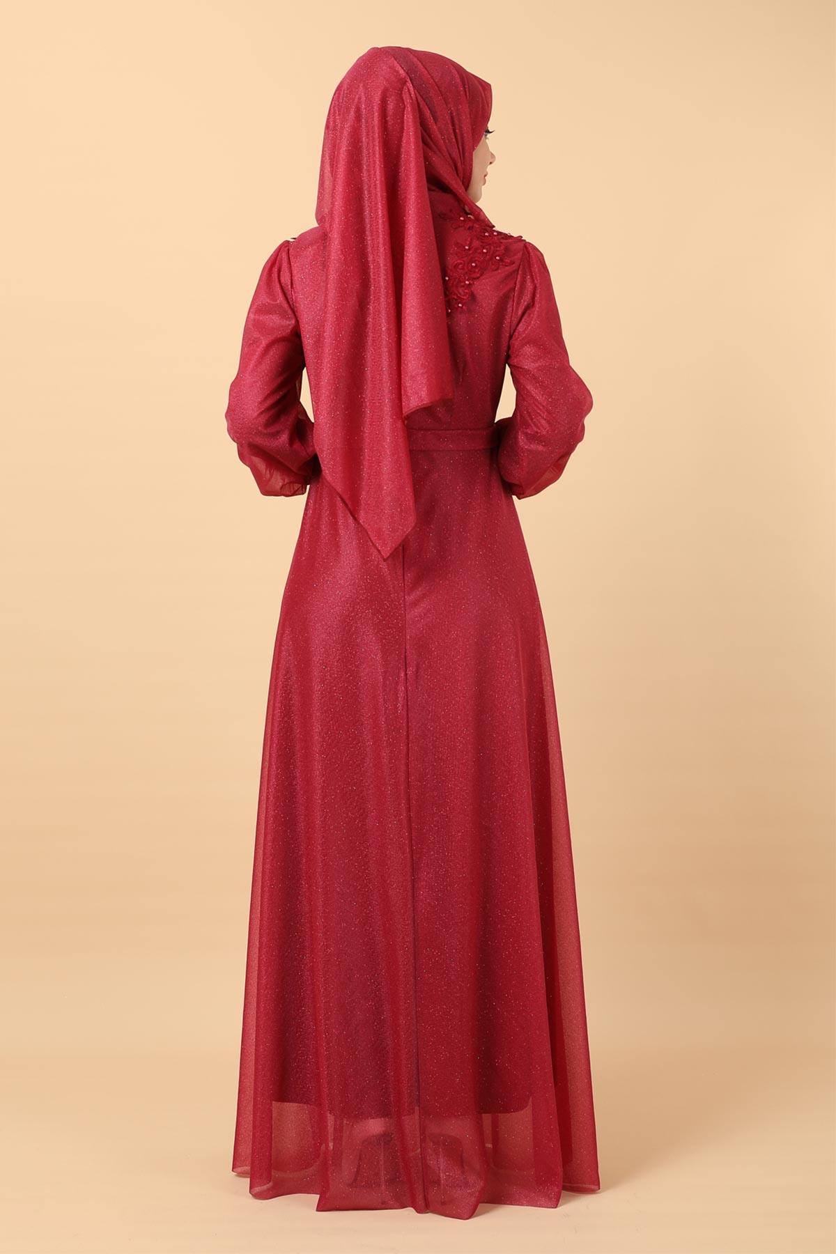 Simli Dantel Detaylı Abiye Bordo 12248