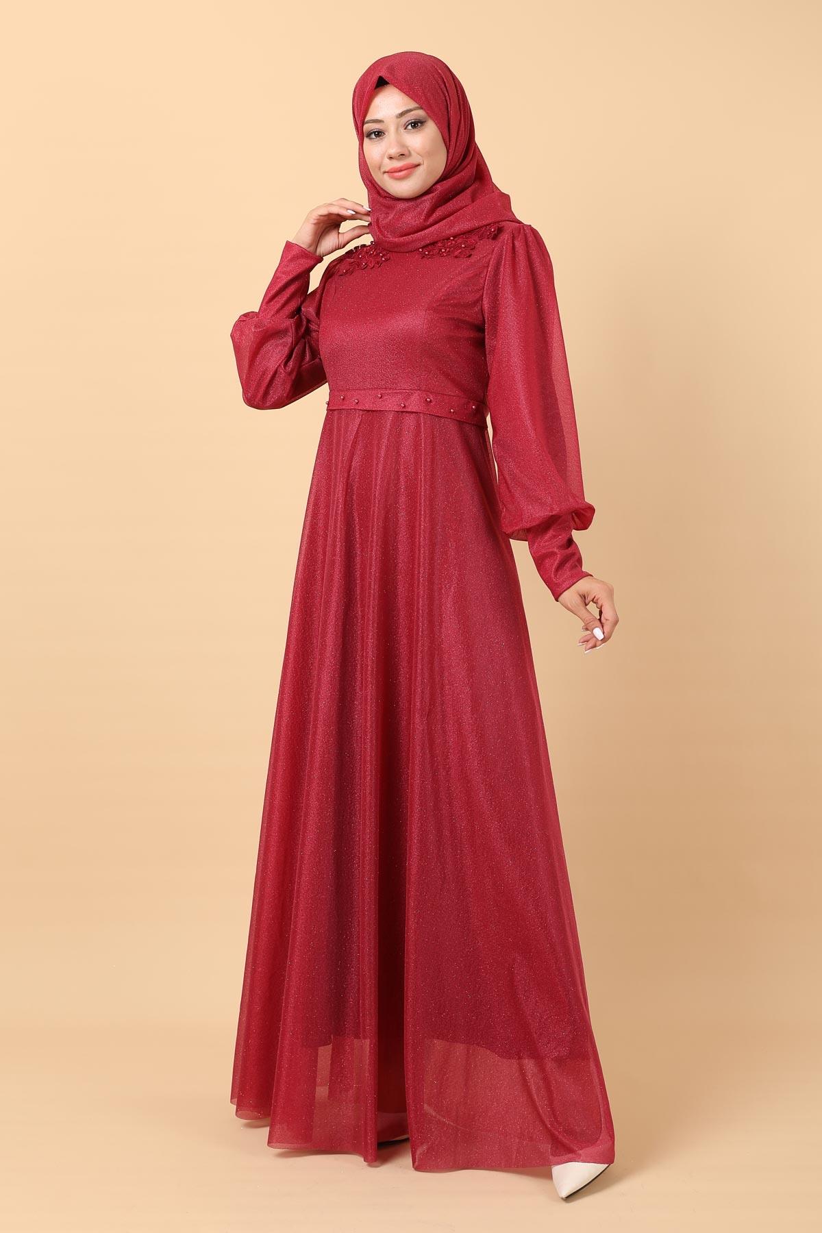 Simli Dantel Detaylı Abiye Bordo 12248